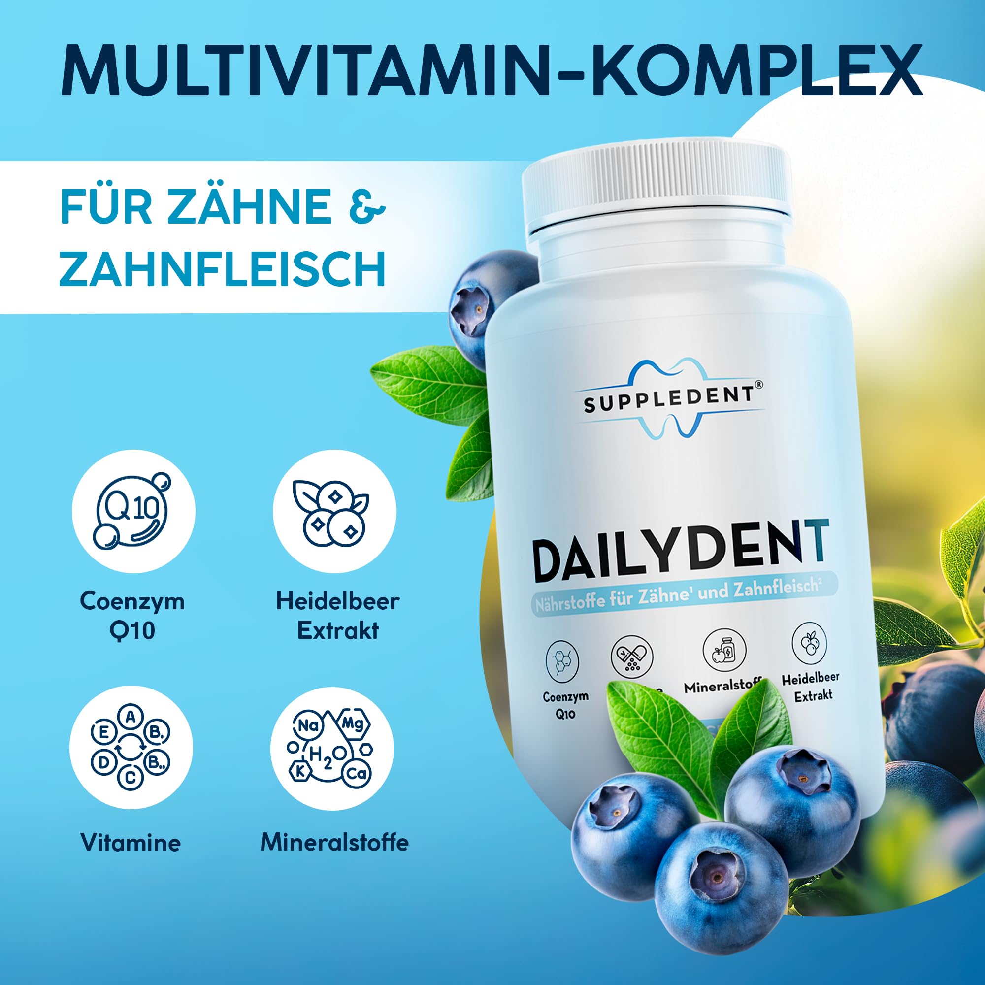 Dailydent – Multivitamin-Komplex für gesunde Zähne & Zahnfleisch mit Vitamin A, B1, B2, B6, B12, C, D3, E, K2, Folsäure, Zink, Magnesium, Eisen, Selen, Q10 & mehr – 60 Kapseln (30 Tage-Vorrat)