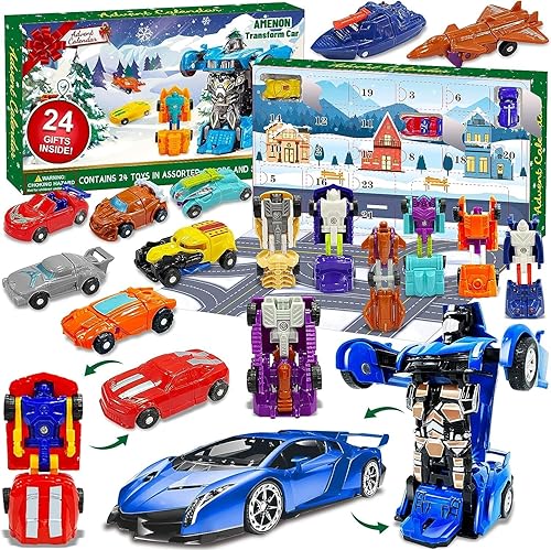 AMENON 24 piezas de juguetes de robot de coche transformable, calendario de Adviento de Navidad 2024 para niños y niños, calendario de cuenta