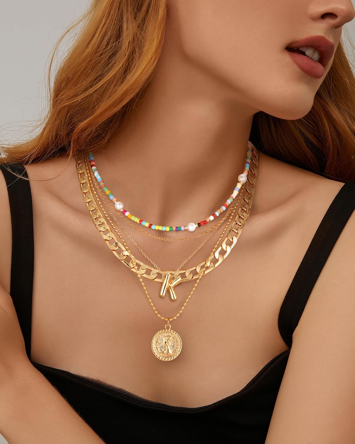 MJartoria Layered Necklaces for Women Trendy Balloon Initial Pendant Necklace Dainty Chunky Chain Beaded Choker Necklaces Jewelry Birthday Gifts - Image 7