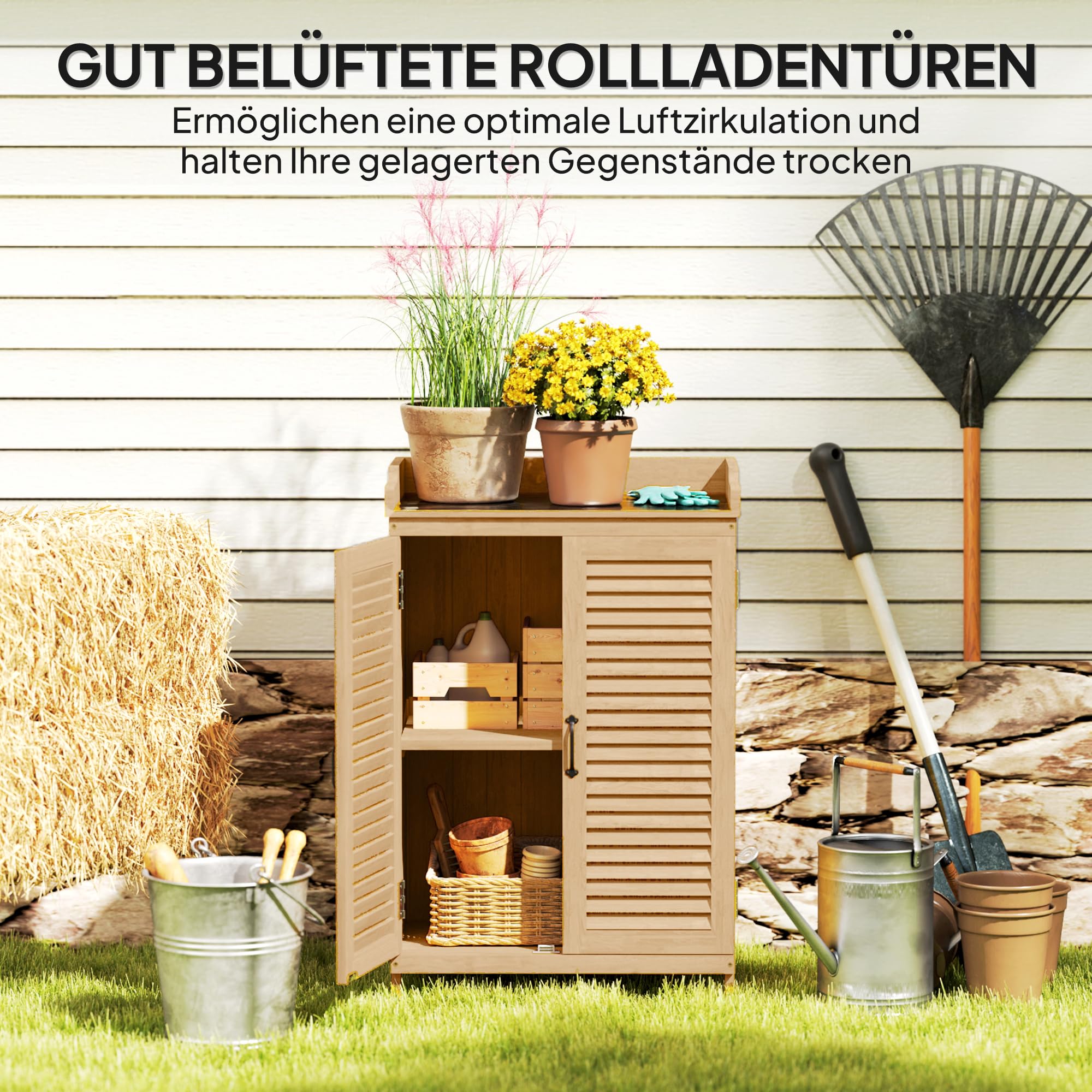 Outsunny Gartenschrank Holz, Geräteschuppen mit Arbeitsfläche, wetterfest Geräteschrank, 65,5x40x98,5cm, Gerätehaus mit Lamellentür, Ablagen, Werkzeugschrank Gartenschuppen für Garten, Terrasse, Gelb