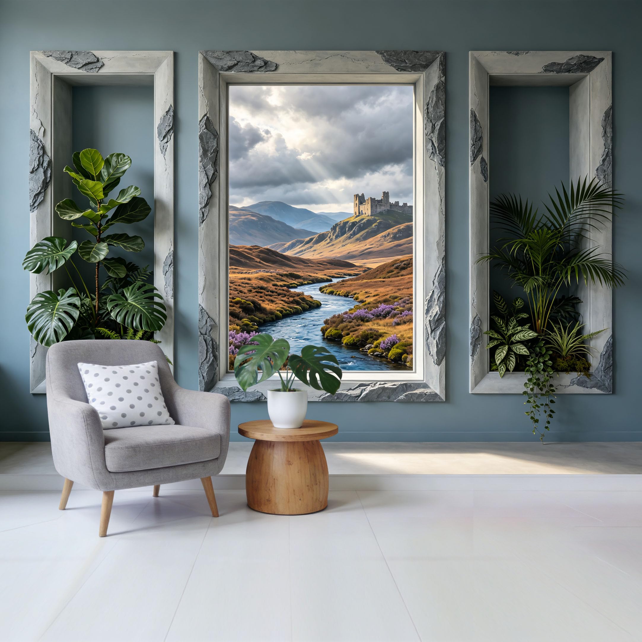 Custom Size Wall Mural Mountain River Valley Landscape with Castle View and Botanical Plants Removable Self Adhesive Fabric Home Wall Decor for Living Room Bedroom Bathroom