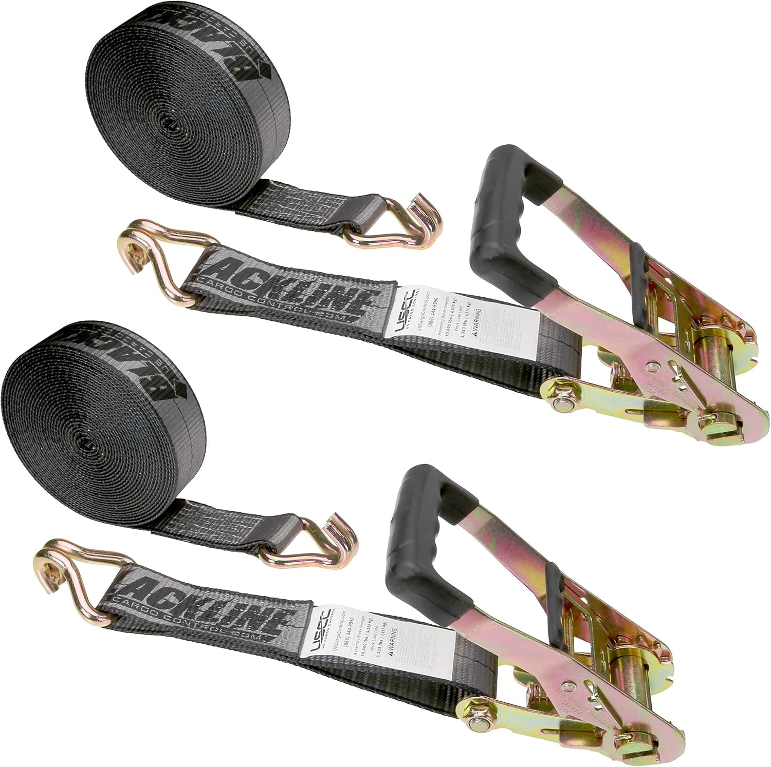 US Cargo Control Blackline Heavy-Duty 2 Inch Ratchet Strap with Wire Hooks, 2 Inches Wide x 30 Feet Long, Black Ratchet Straps, Ratchet Straps with Double J Hook, Dependable Tiedowns, 2 Pack