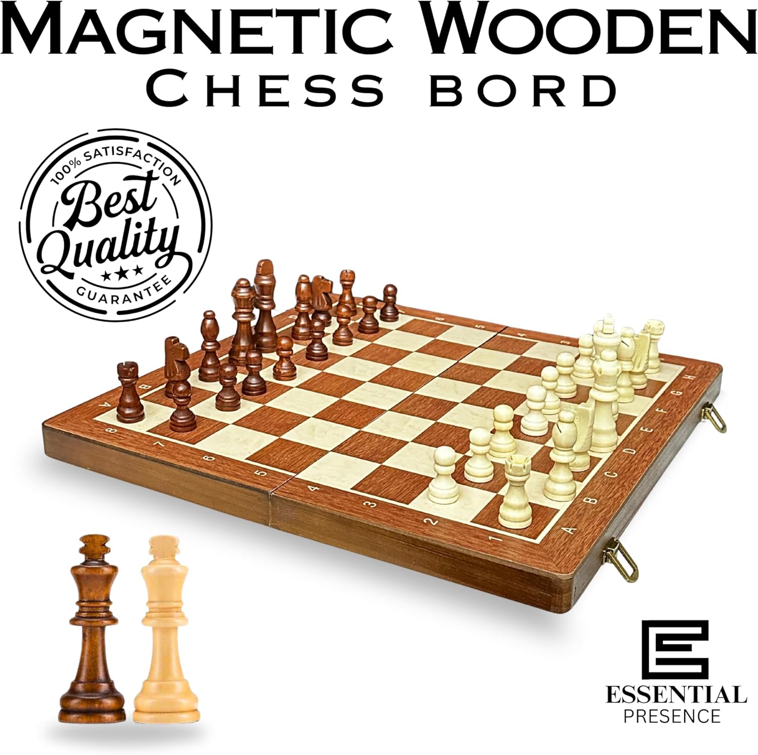 Essential Presence 15" Wooden Chess Set – Magnetic Chess Board with Timer, Folding Chess Set for Kids and Adults – Portable Travel Game, Family & Party