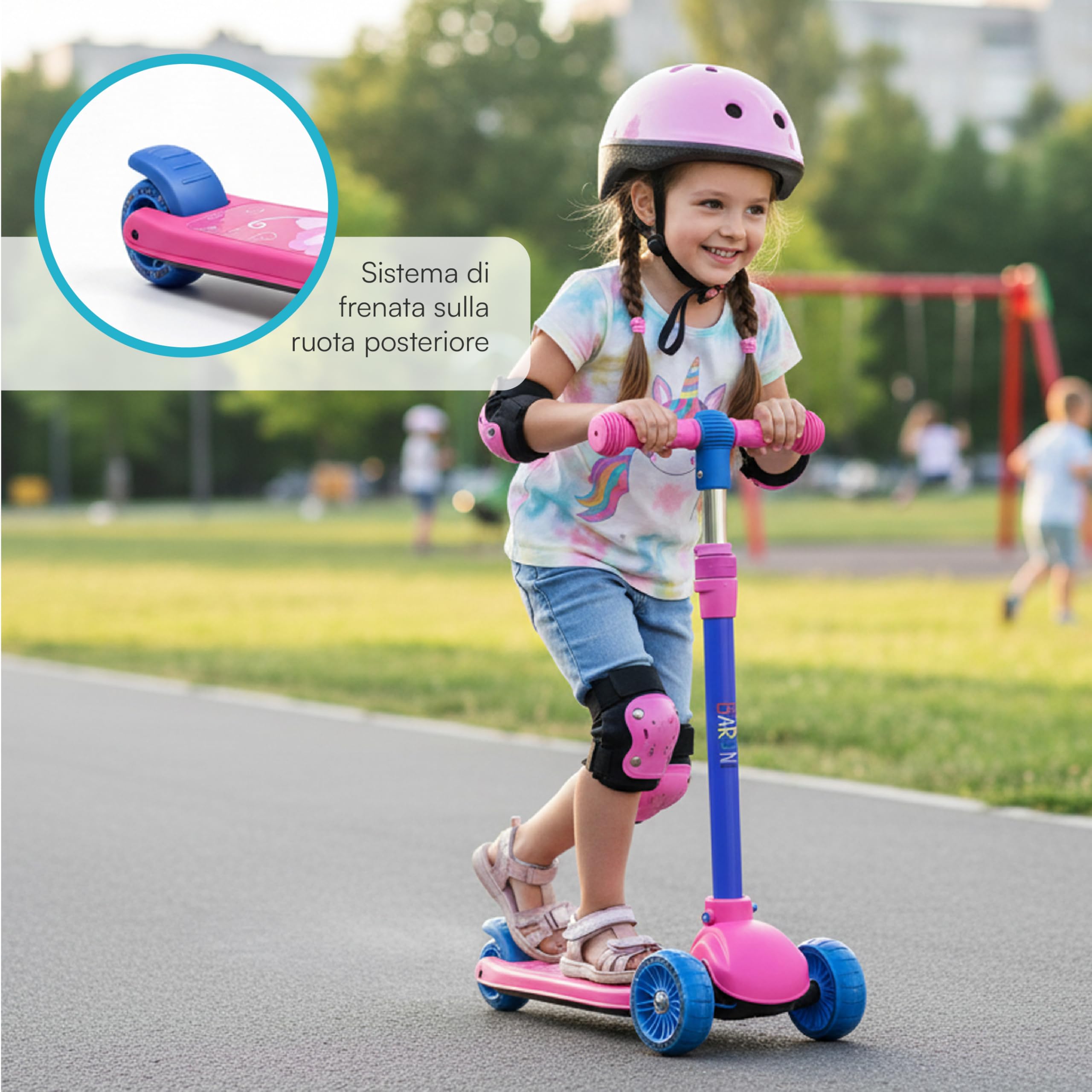 Baroni Toys Monopattino 3 Ruote per Bambini dai 3 Anni, Ruote LED Luminose Senza Batterie, Manubrio Regolabile in 3 Altezze, Freno Posteriore, Design Ergonomico e Stabile, 52x25x81cm