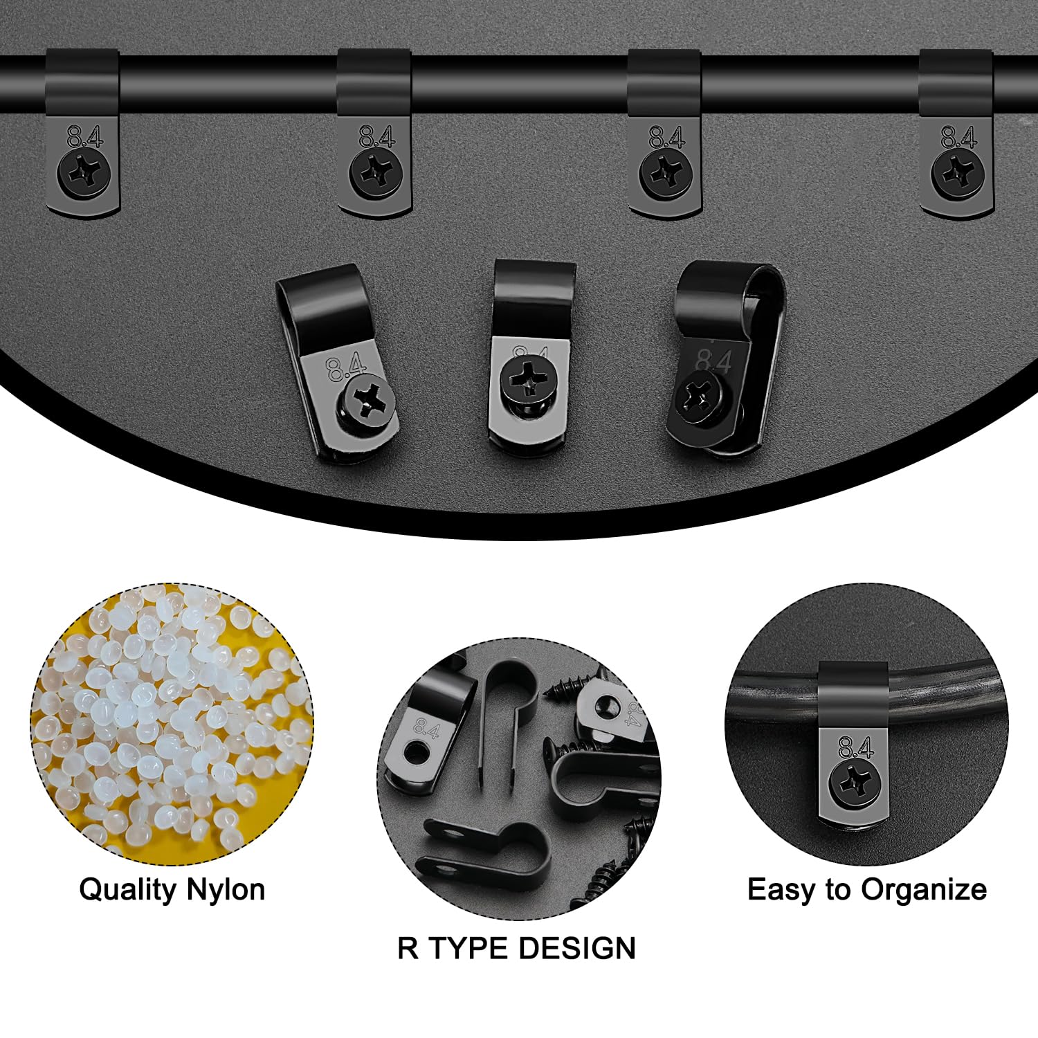 VooGenzek 100 Piezas 8.4mm (5/16 Pulgada) Clips de Cable de Nailon Tipo R, Abrazaderas de Cable Tipo R con 100 Piezas de Tornillos, para Gestión de Cables (Negro)