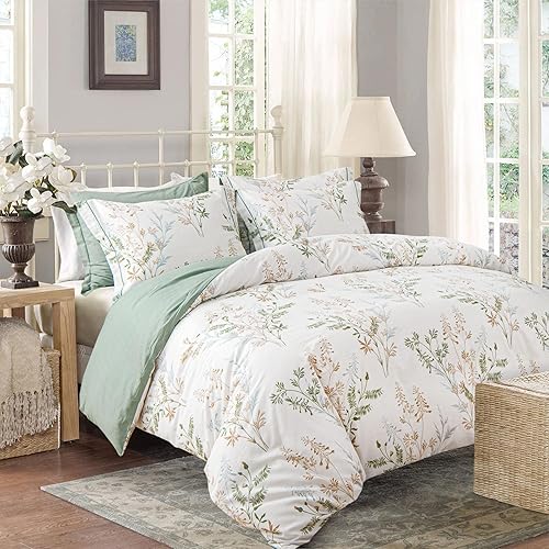 Miniatura 2 de Juego de edredón botánico de 3 piezas de 100% algodón natural, tamaño King, edredón verde con lujosas hojas tostadas y grises sobre blanco,
