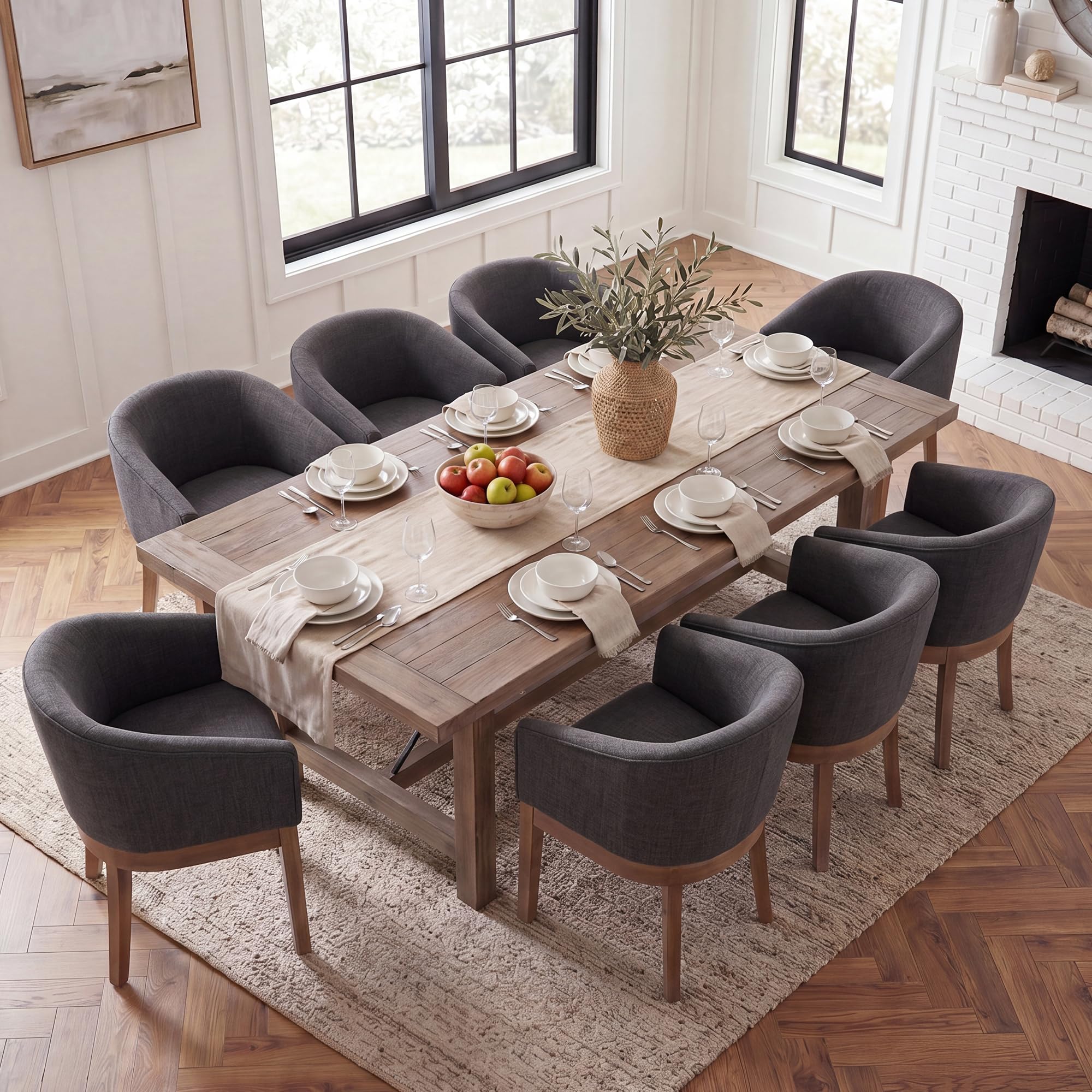 HNY Barrel Dining Chairs Set of 8, Mid Century Modern Upholstered Dining Chairs with Arms, Linen Kitchen &amp; Dining Room Chairs, Solid Wood Frame Accent Chairs for Kitchen, Apartment, Charcoal Black