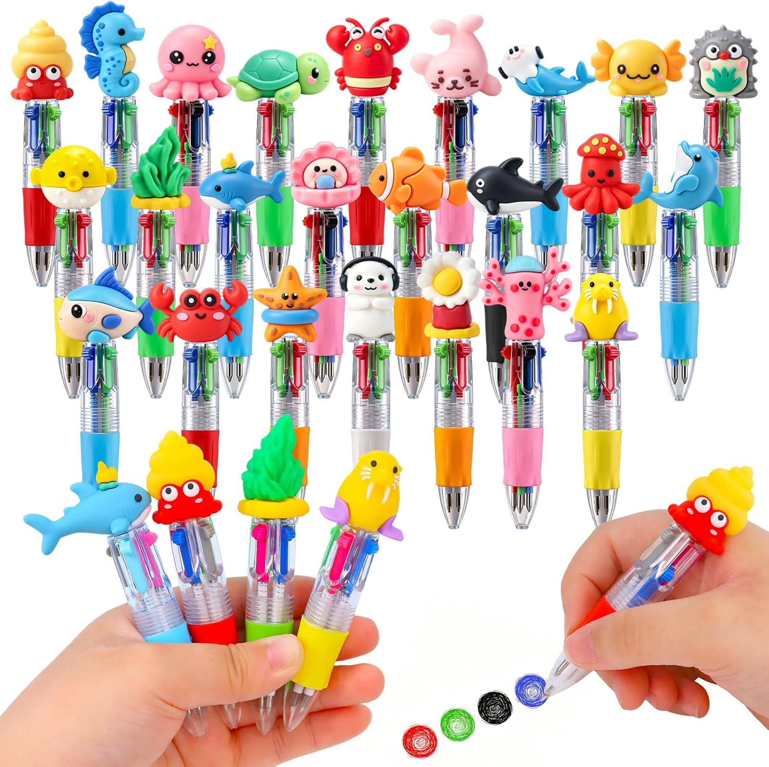 96 Pcs Ocean Animal Pens Multicolor Pen in One 4-in-1 Cute Pens Bulk for Kids,Ballpoint Pen with Fun Animals Shapes for Birthday Party, Classroom Prize,School Supplies