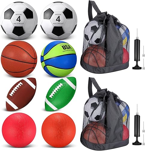 Liliful Juego de 8 pelotas deportivas con bomba de malla, regalos para niños y adolescentes, operación de Navidad, baloncesto, fútbol, fútbol, patio