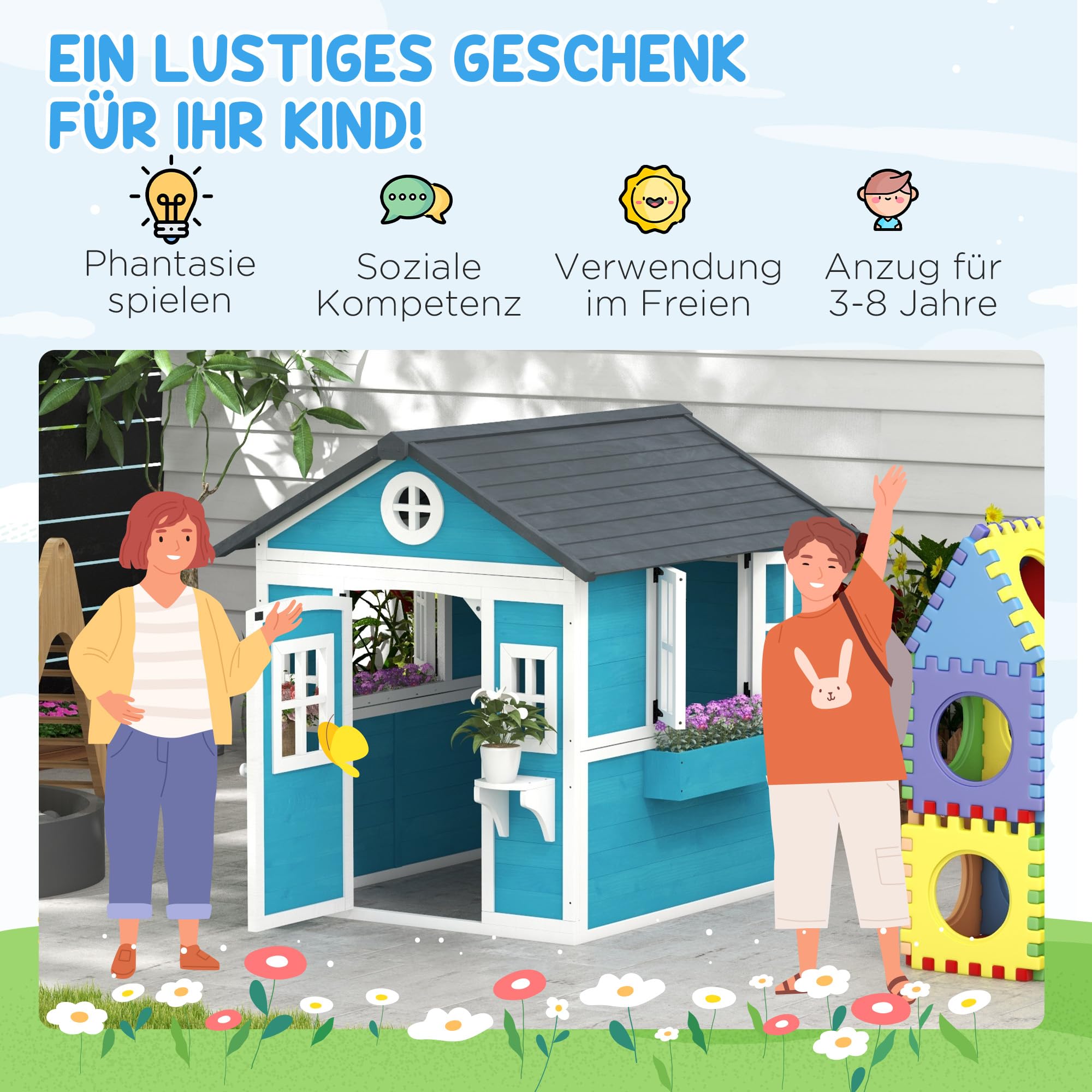 Outsunny Domek do zabawy z drewna, domek do zabawy na zewnątrz z oknem, regałem na kwiaty, skrzynką na rośliny i drzwiami, domek ogrodowy dla dzieci w wieku 3-8 lat,