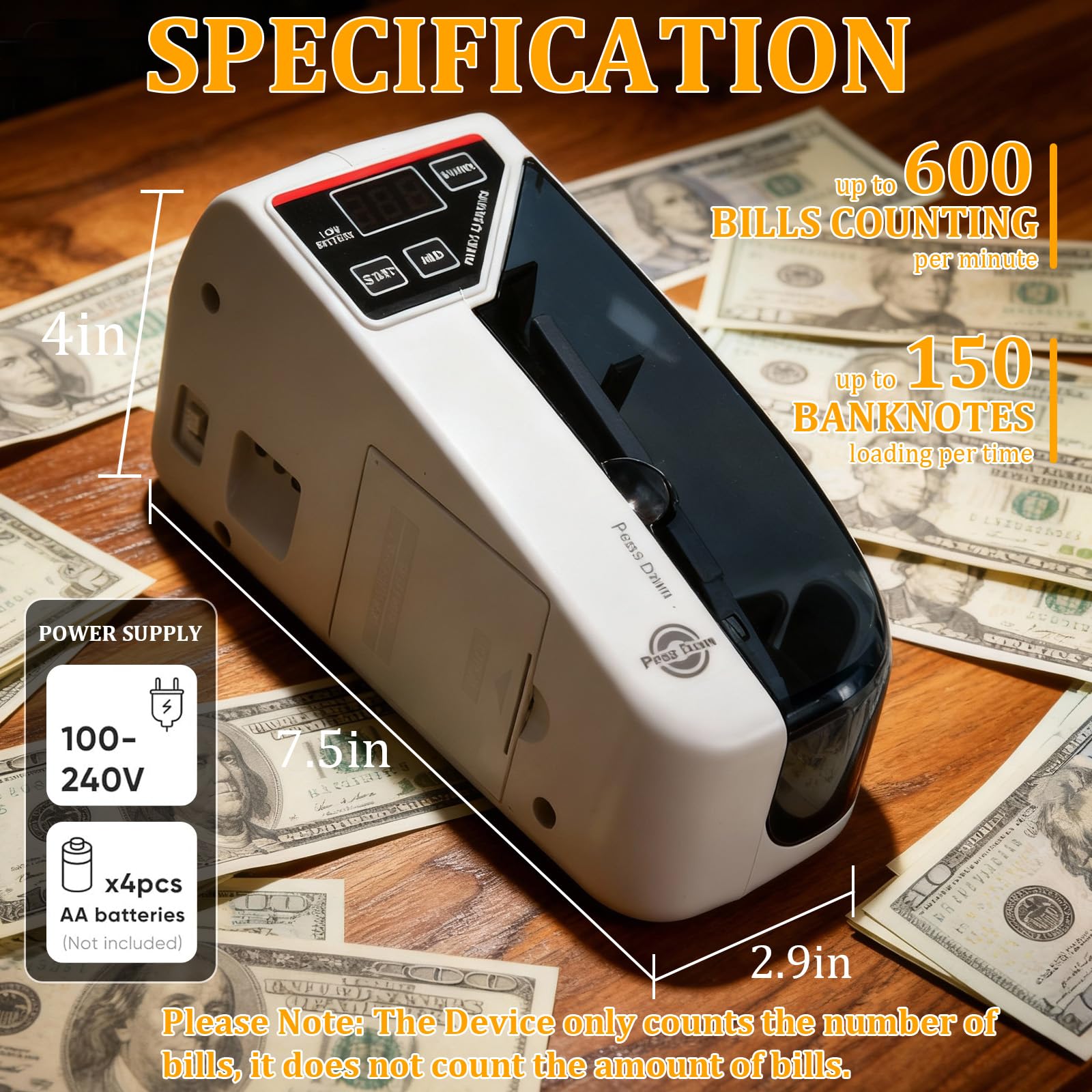 WINB Contatore di denaro con rilevamento di contraffazioni UV - Contatore contatore di contanti portatile, 600 note/min ad alta velocità per banconote e valuta