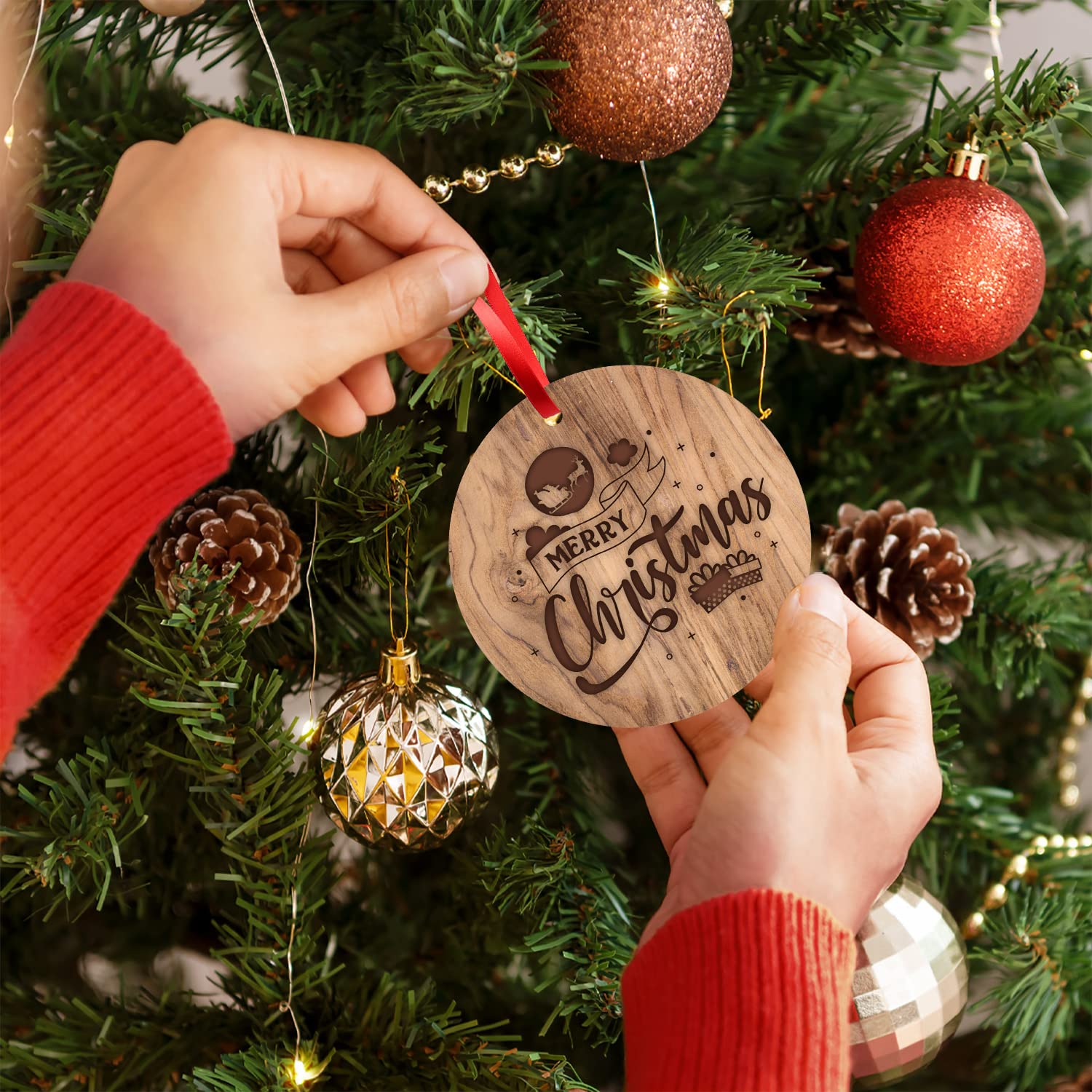 Soul Décor Christmas Tree Decorations, Merry Christmas Ornament, Large 3.75" Round Metal Ornament, Velvet Pouch Included