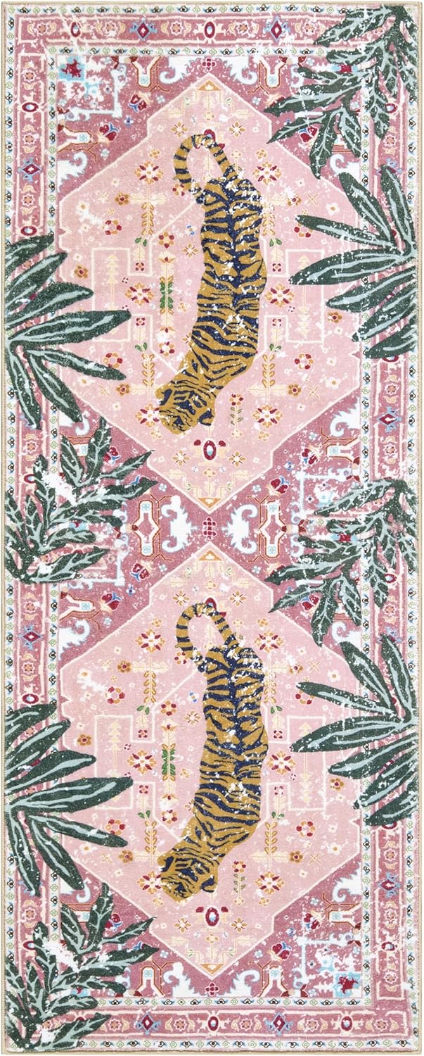 Oriental Tropical Kitchen Runner Rug 2x5 Washable, Thin Stain Resistant Pink Boho Bathroom Runner Rug for Hallway Entryway Bedroom Laundry, Vintage Abstract Hippie Botanical Long Carpet