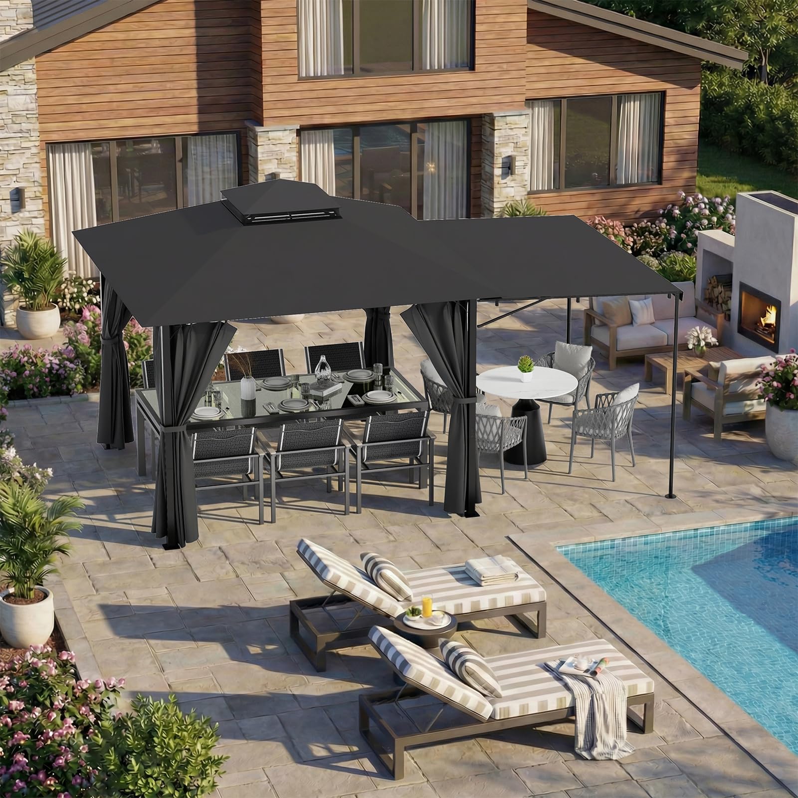 JUMMICO Gazebo da Giardino Esterno 3x3, con Estensione Convertibile in Parete e Tende Laterali Incluse, Tetto a Doppio Strato, Struttura Metallica Resistente alle Intemperie, Ideale per Spazi Esterni