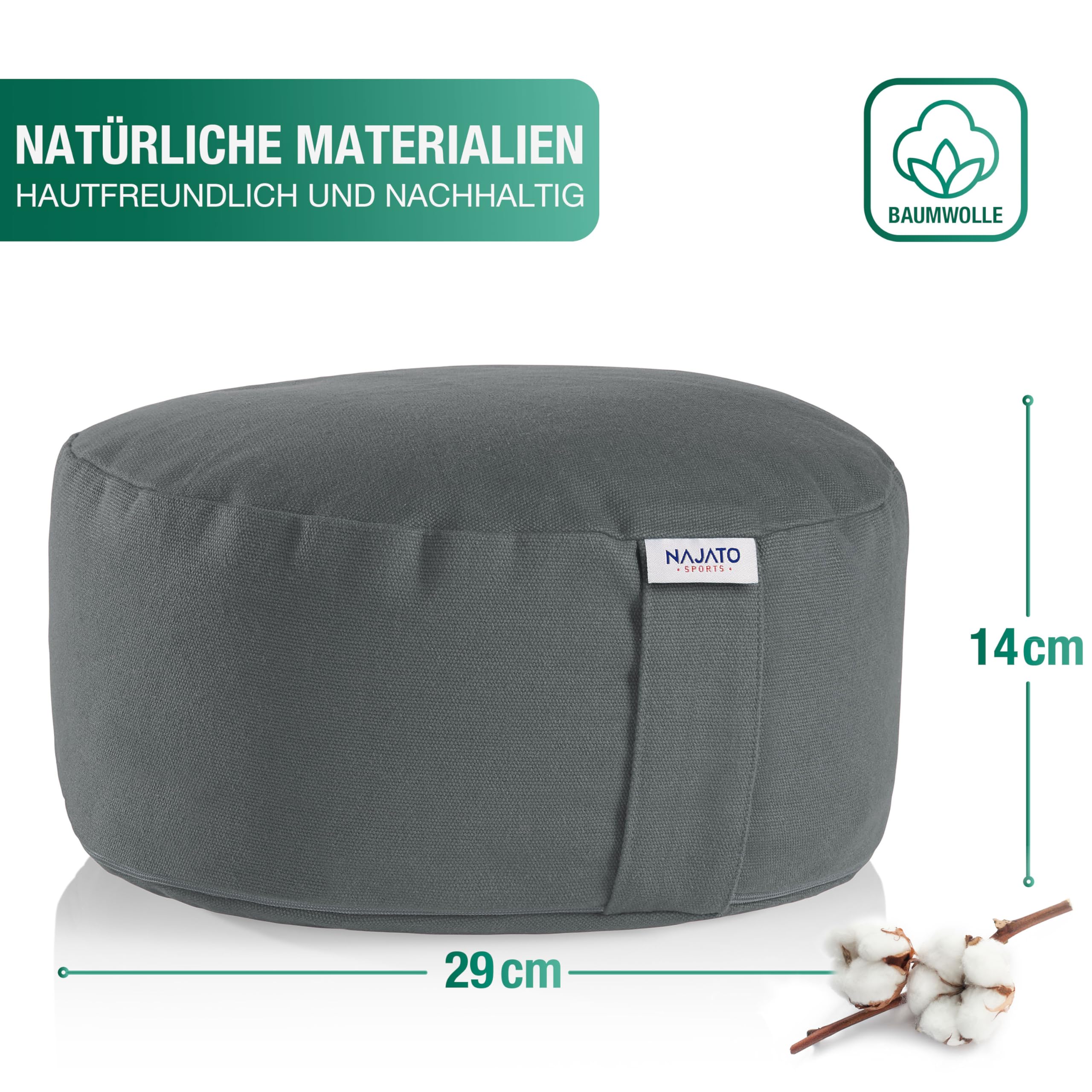 NAJATO Sports Meditationskissen – Yogakissen inkl. E-Book (PDF Datei) – Rundes Yoga Kissen mit Buchweizenschalen-Füllung – 30 cm Durchmesser, 14 cm hoch – Waschbarer Bezug aus Baumwolle (Anthrazit)