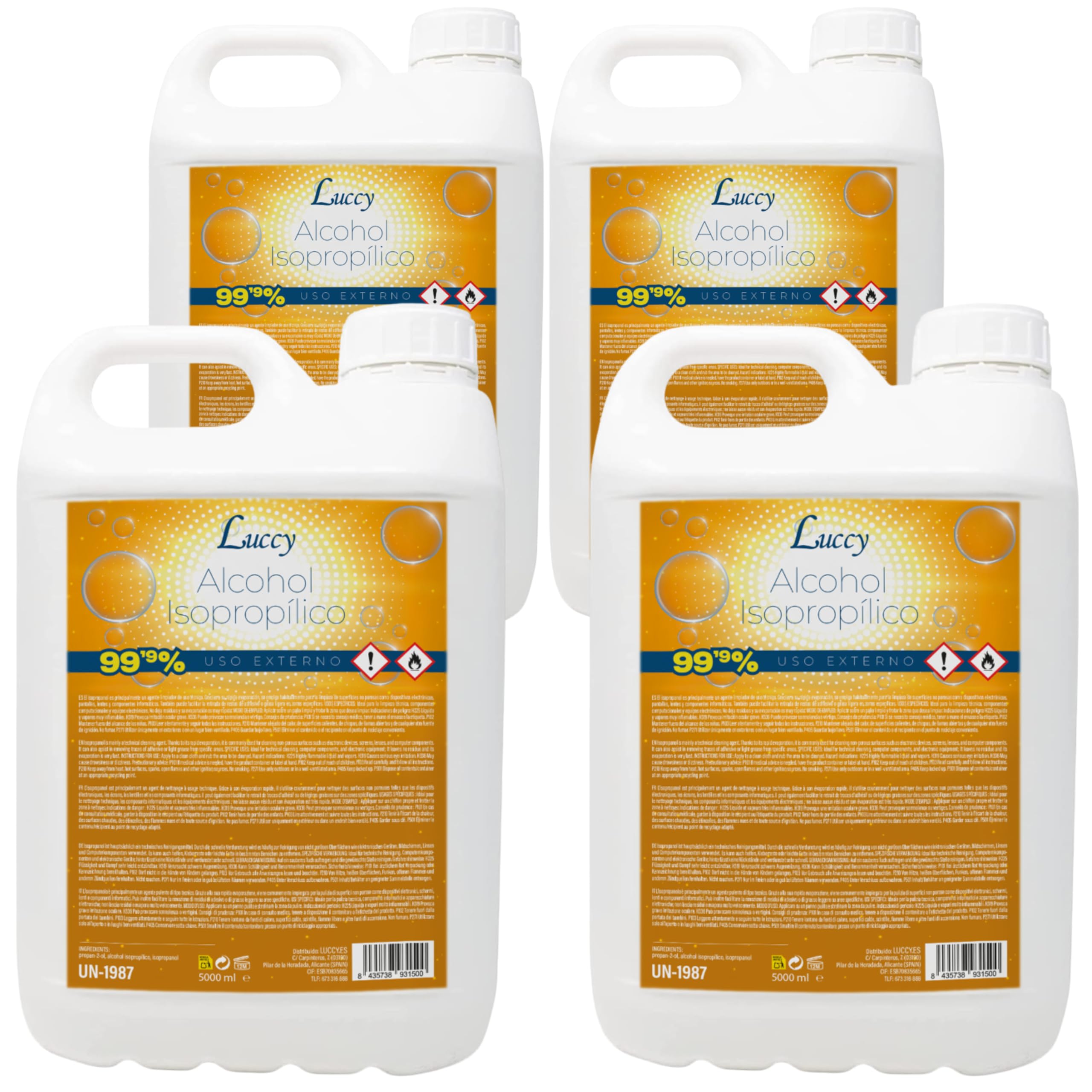 Luccy Alcohol Isopropílico 99,9% Puro 20 L | Isopropanol | Limpieza de Superficies y Componentes Electrónicos