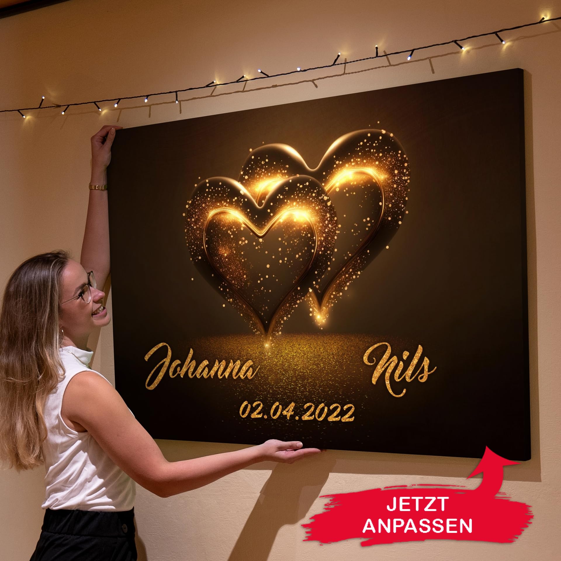 Liebesleinwand Personalisiertes Geschenk für Partner Glitzernde Herzen Geschenk Jahrestag, Verlobung, Hochzeitstag | Leinwandbild romantisch gestalten