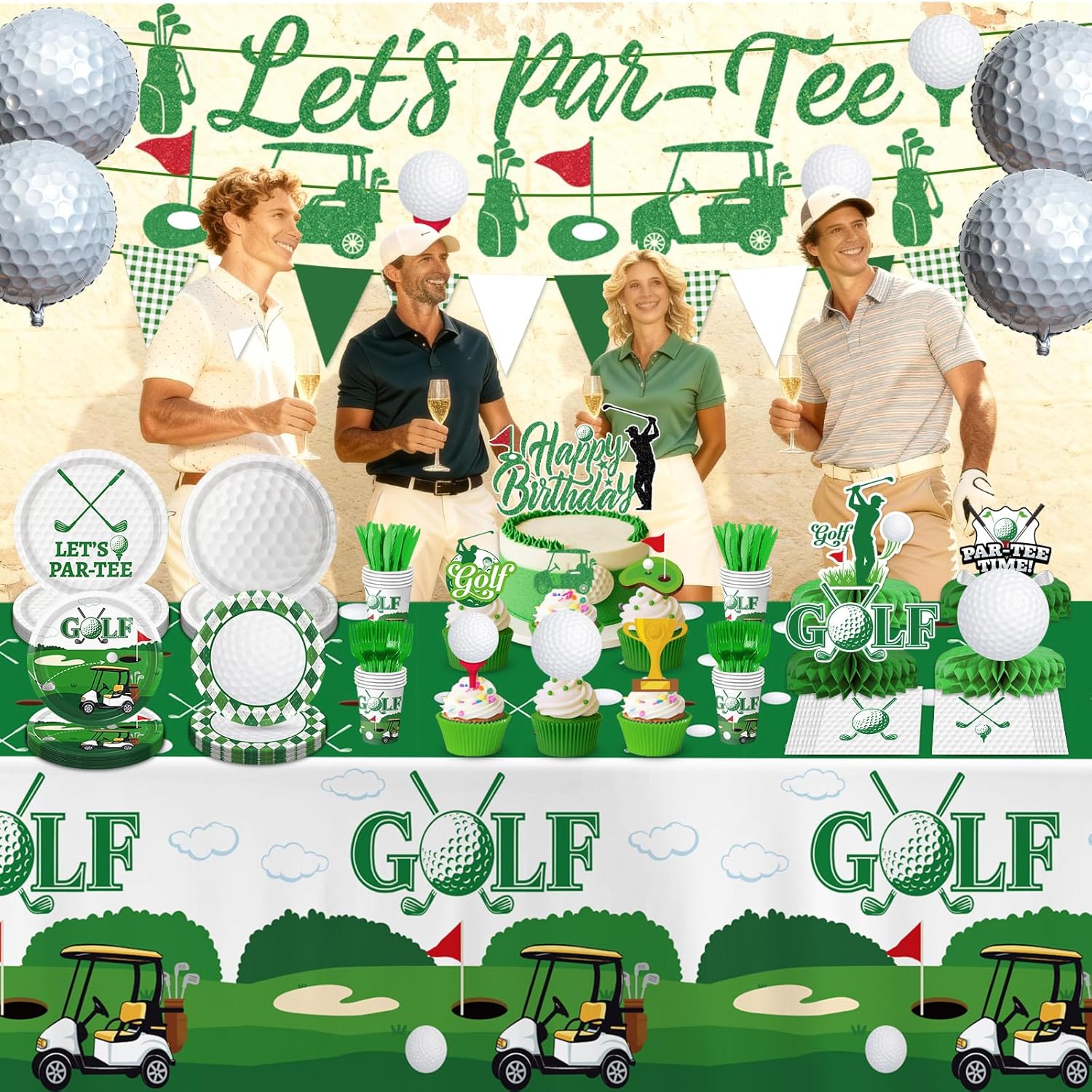 Golf Birthday Party Decorations Includes Plates, Napkins, Cups, Cutlery, Cake & Cupcake Toppers, Banner, Honeycomb Centerpieces, Tablecloths, Balloons for Golf Birthday Party Decorations, Serves 24