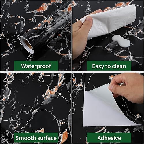 Miniatura 2 de Papel tapiz de granito de mármol negro y gris (23.6 x 118 pulgadas), película de vinilo autoadhesiva extraíble, papel decorativo para despegar y