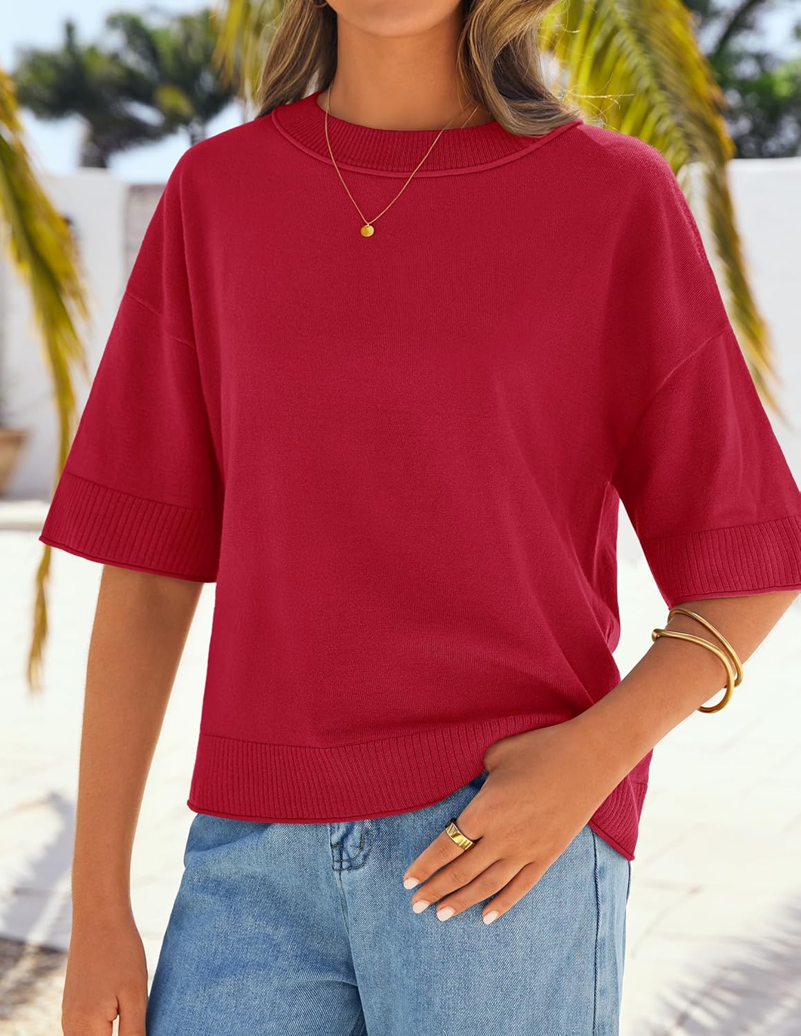 ZESICA Women's Casual Short Sleeve Sweaters 2026 Summer Oversized Crewneck Soft Knit Cropped Tops Trendy Outfits - Image 5
