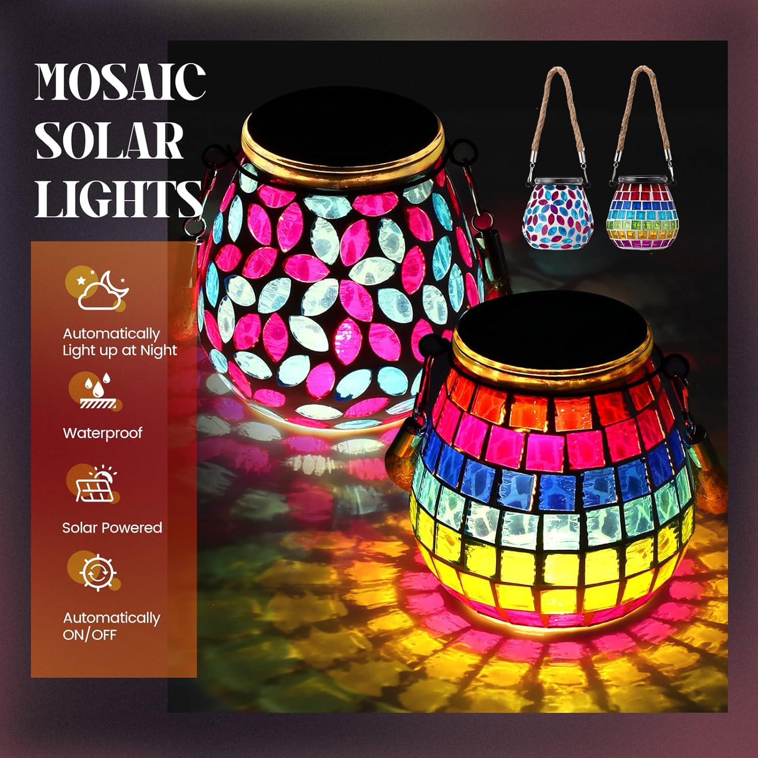 4 Pack Mosaic Solar Lights Outdoor Hanging Lanterns Waterproof Mosaic Lamp Decorative Solar Lanterns Night Lights for Garden, Patio, Yard, Holiday Party Decoration, 4 Pattern