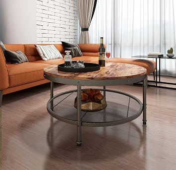 2-Tier Round Coffee Table with Storage Shelf,Industrial Cocktail Table with 3D Texture Metal Frame and Mesh for Living Room, Lounge, Office
