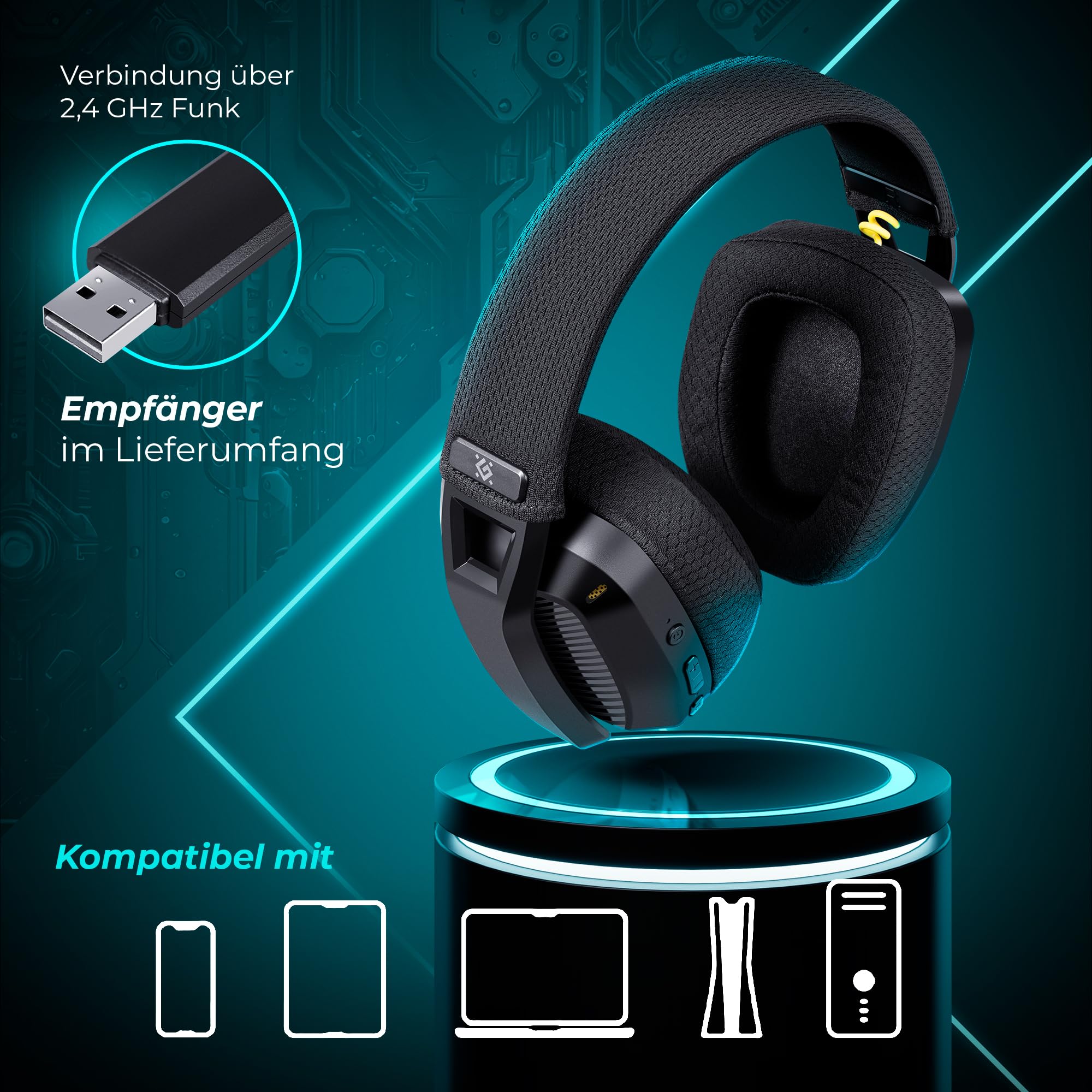 Defender® Orion Wireless Gaming Headset, bis 63h Akkulaufzeit, 2.4GHz+BT(≤30ms), 7.1 SurroundSound,Kopfhörer Mit Mikrofon mit Noise-Cancelling, Kompatibel für PS5/PS4/Switch, PC Headset, Schwarz - 2