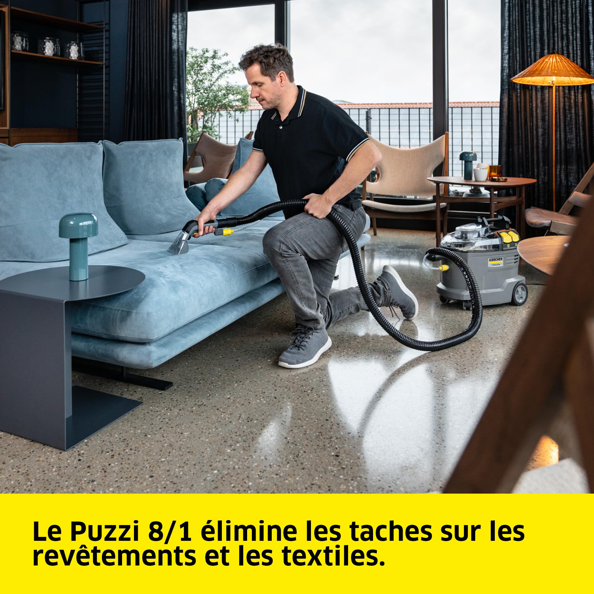 Kärcher Injecteur-extracteur Puzzi 8/1, pour tissus d'ameublement et surfaces textiles, réservoir d'eau : 8 l, rendement de surface : 12-18 m²/h, poids : 8,6 kg, buse ergonomique