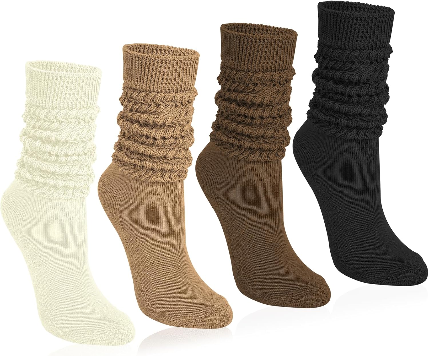 Justay 4 Pairs Slouchy Socks for Women, Scrunch Boot Long Knee High Knit Tube Athletic Slouch Socks for Woman 5-9 Black Brown Beige Khaki