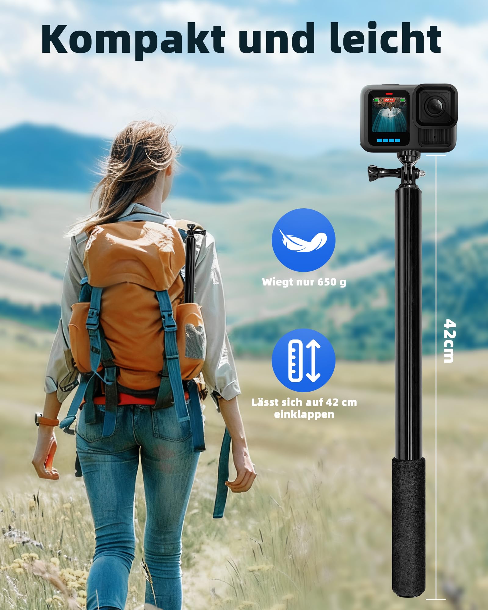 3m Selfie Stick Stativ aus Wasserdicht Aluminium,ausziehbares Monopod Stativ für Insta 360 X5/X4/X3/ONE RS/X2, GoPro Hero, DJI Osmo Action 5/4/2, Smartphones, 42-300 cm, mit Handyhalter & Tasche