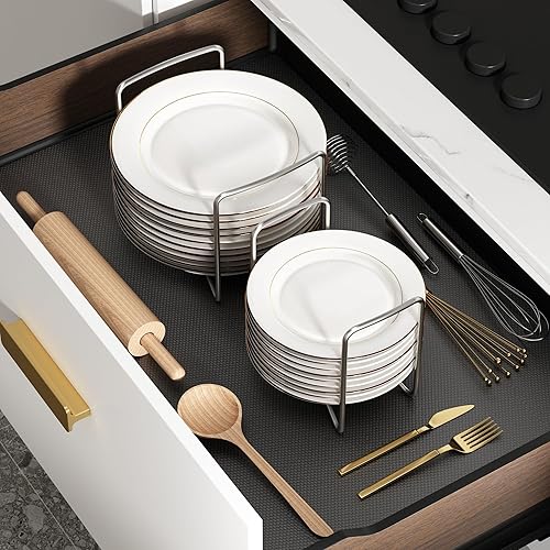 Miniatura 3 de Piconico Soporte para platos para cajones de cocina, estantes de platos de bambú para encimera de cocina, 2 unidades, color negro, S & L, ajustable