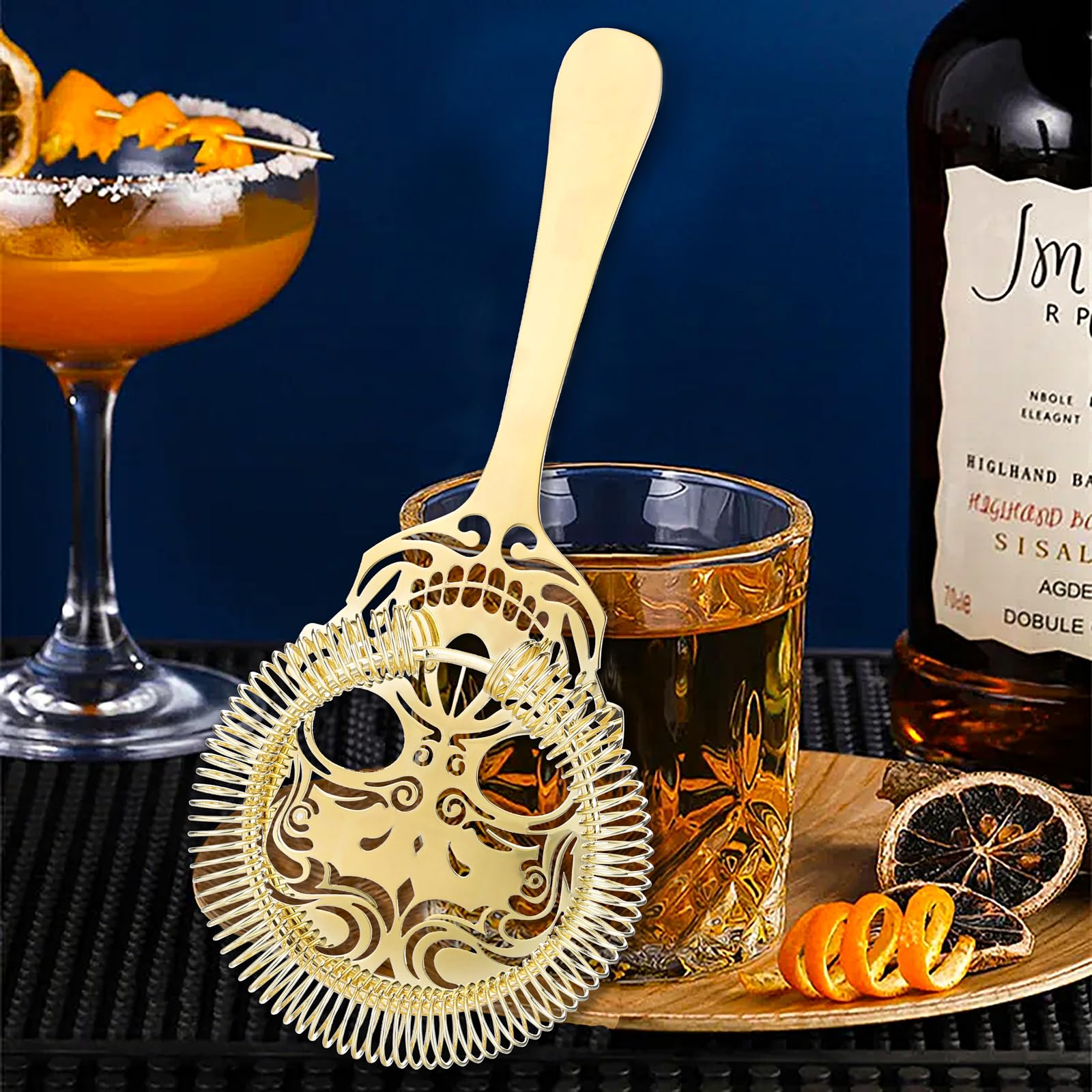 Juego de colador de cóctel de acero inoxidable, colador Hawthorne y colador de malla fina, juego de colador de bebidas dorado para bar, hogar y cocina 5
