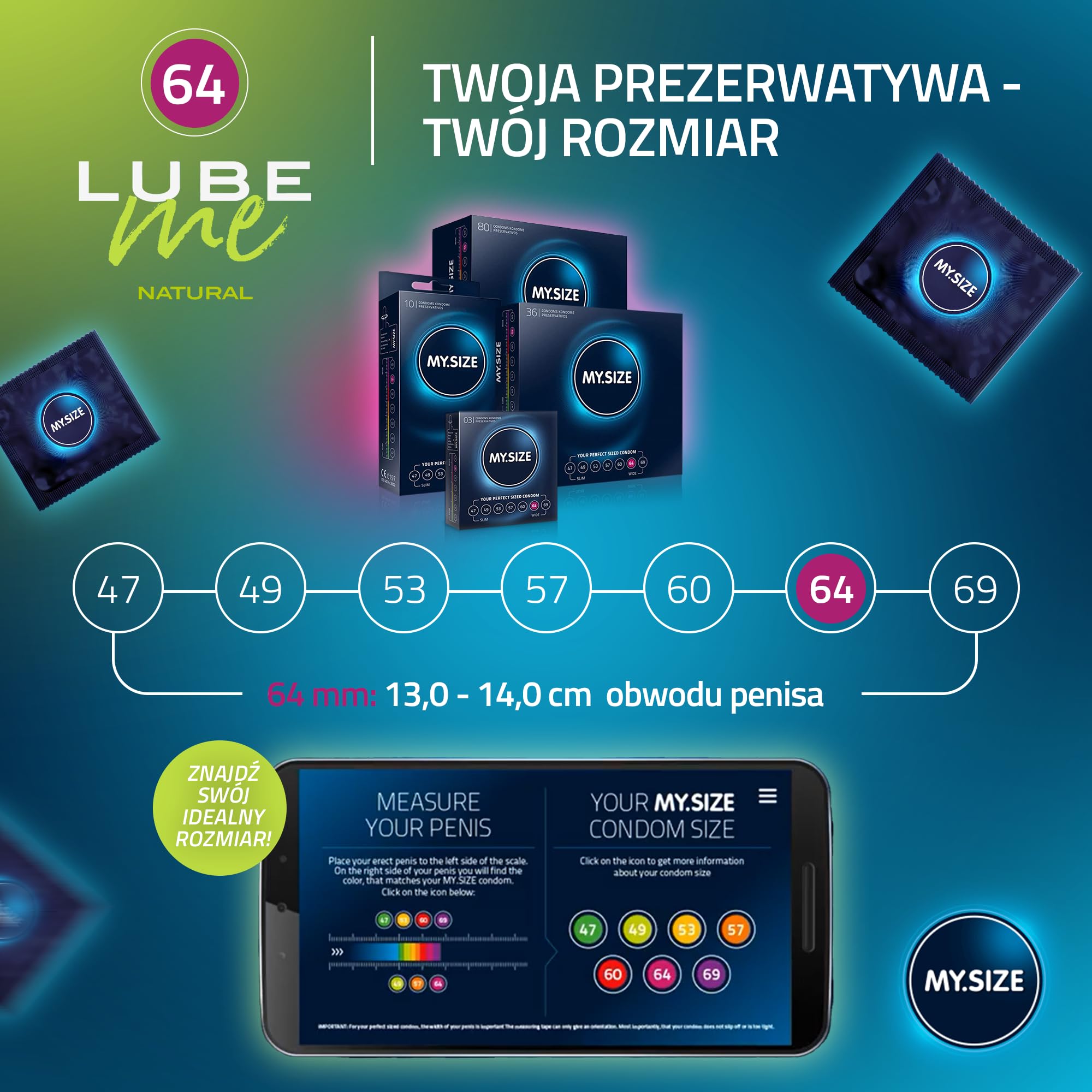 Zestaw promocyjny: prezerwatywy MY.SIZE 64 mm, 10 szt. + naturalny żel nawilżający MY.SIZE 100 ml + świeca do masażu MY.SIZE