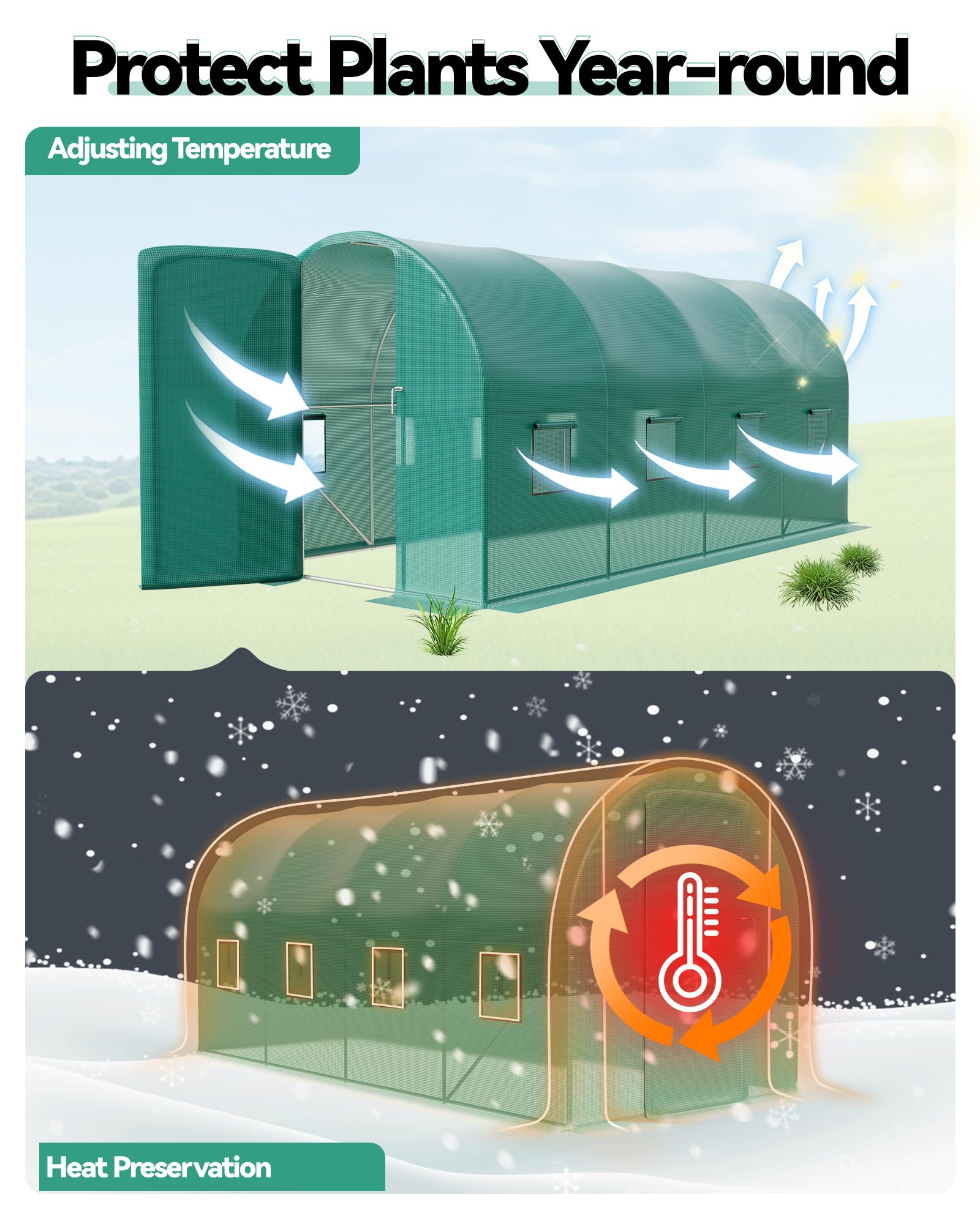 Serra tunnel da esterno 15x7x7 ft in acciaio zincato rinforzato - Copertura PE robusta - 8 finestre ventilate - Porta a battente - Perfetta per orto e verdure tutto l'anno - Cancello in ferro