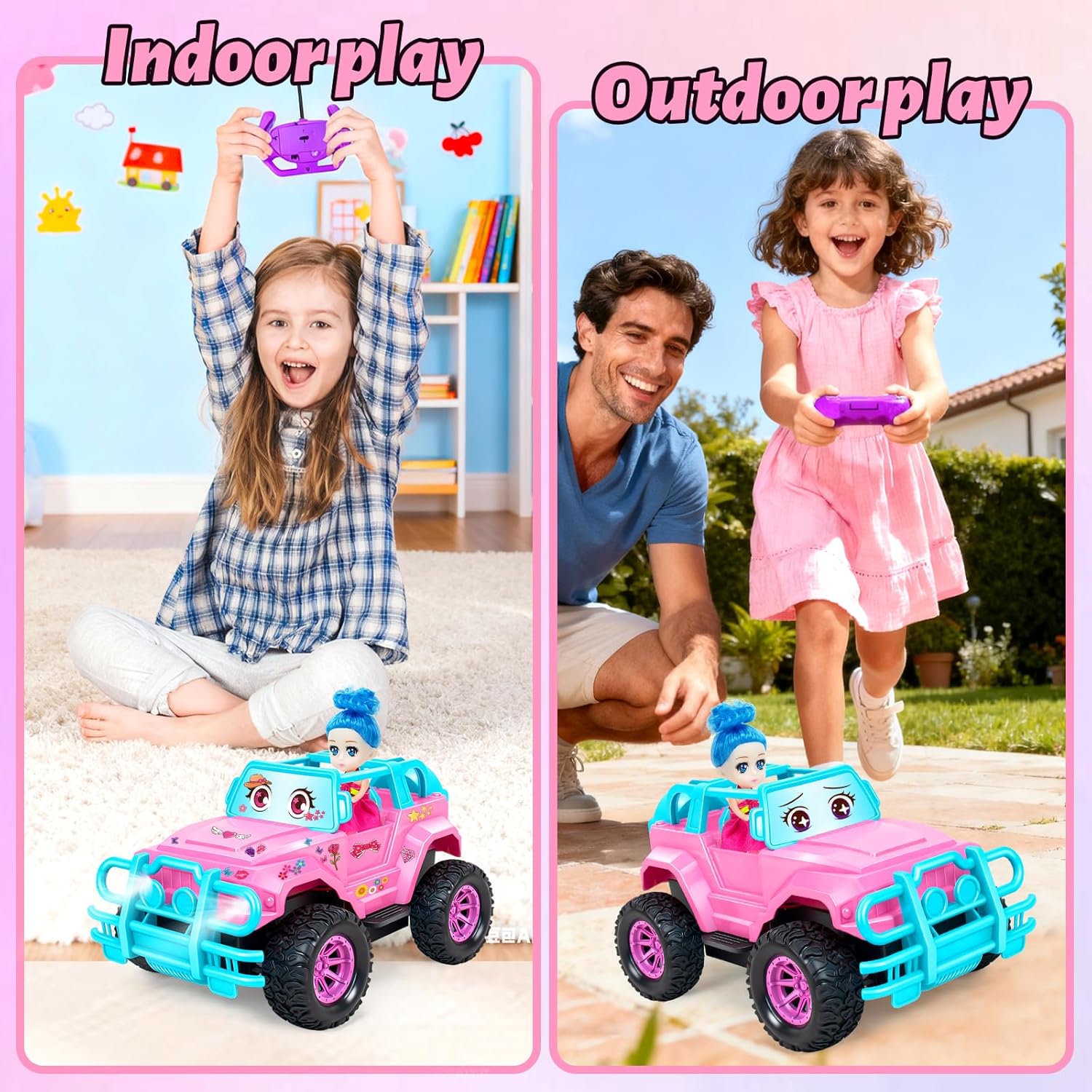 Remote Control Car RC Truck with DIY Stickers and Doll, 1:20 Scale Remote Control Monster Truck, 2.4Ghz LED Light Off-Road Racing Cars, for Kids Boys Girls 6 7 8 9 10 Years Old