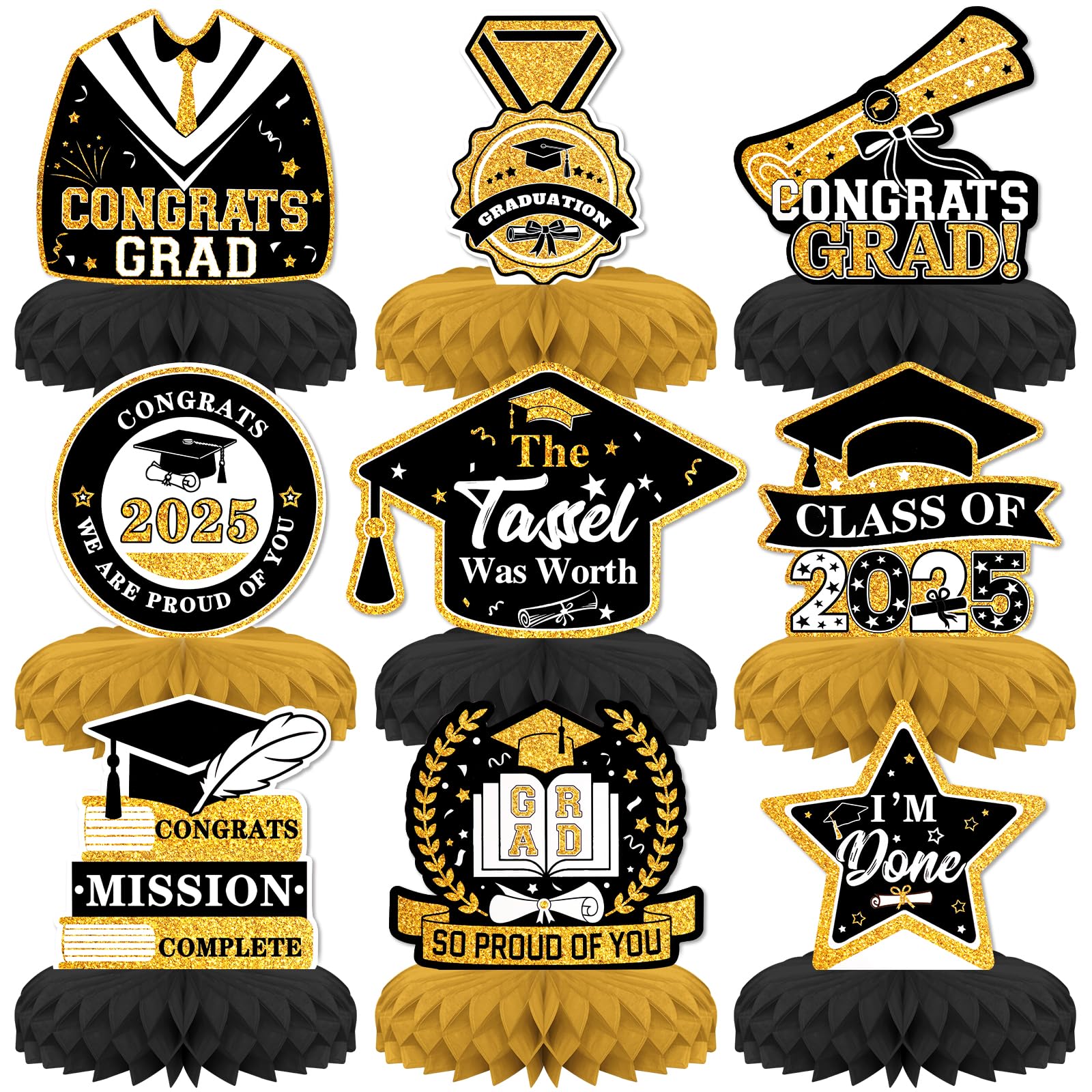 9 PCS Graduation Party Decorations,KSKSPE Graduation Honeycomb Centerpieces for Tables Centerpieces 3D Graduation Theme Party Decor Supplies
