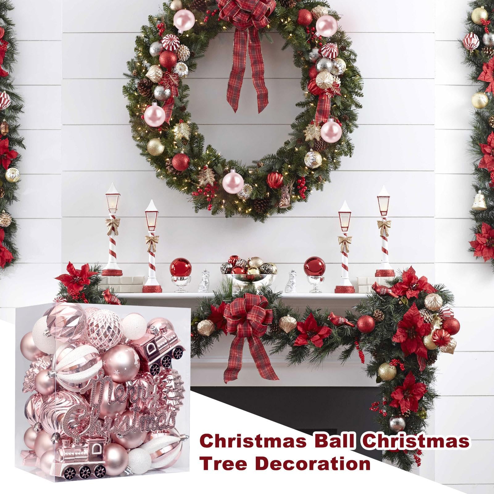 Ornamenti per albero di Natale, 65 pezzi, set di ornamenti natalizi infrangibili, grandi palle rotonde | decorazioni natalizie dipinte a mano per albero, corona, , tavolo e espositore per Vac