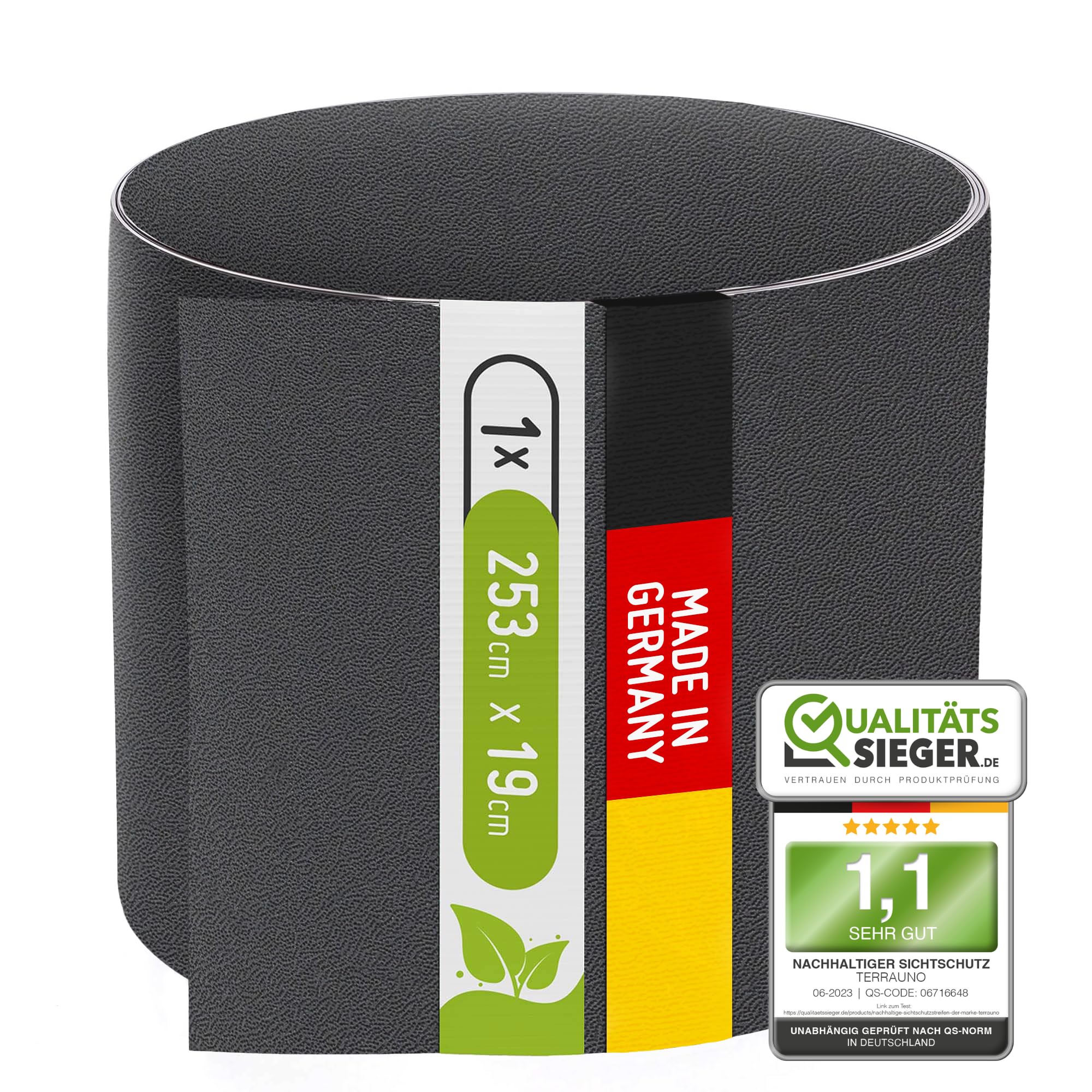 TerraUno Nachhaltige Sichtschutzstreifen für Doppelstabmatten, Polypropylen, Made in Germany, RAL 9005 Schwarz, 26m x19cm Rolle, extra stabil, Lederoptik, Zaun Sichtschutz mit UV-Beständigkeit