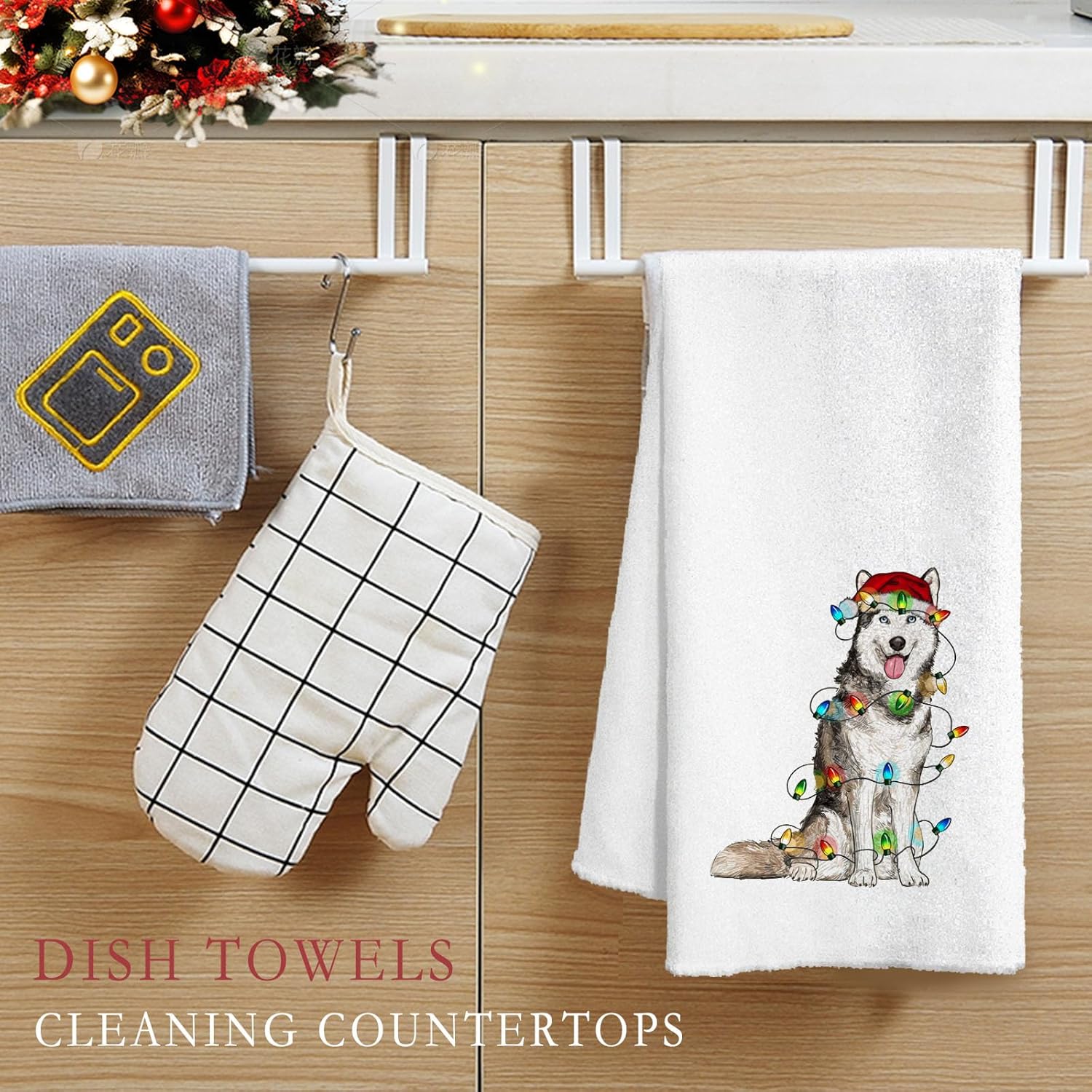Husky Christmas Kitchen Towels Dog Kitchen Hand Towels for Bathroom, Husky with Christmas Hat Farmhouse Towel Festive Holiday Dish Towels Dog Gifts for Dogs Mom Lovers 16x24 - Image 2