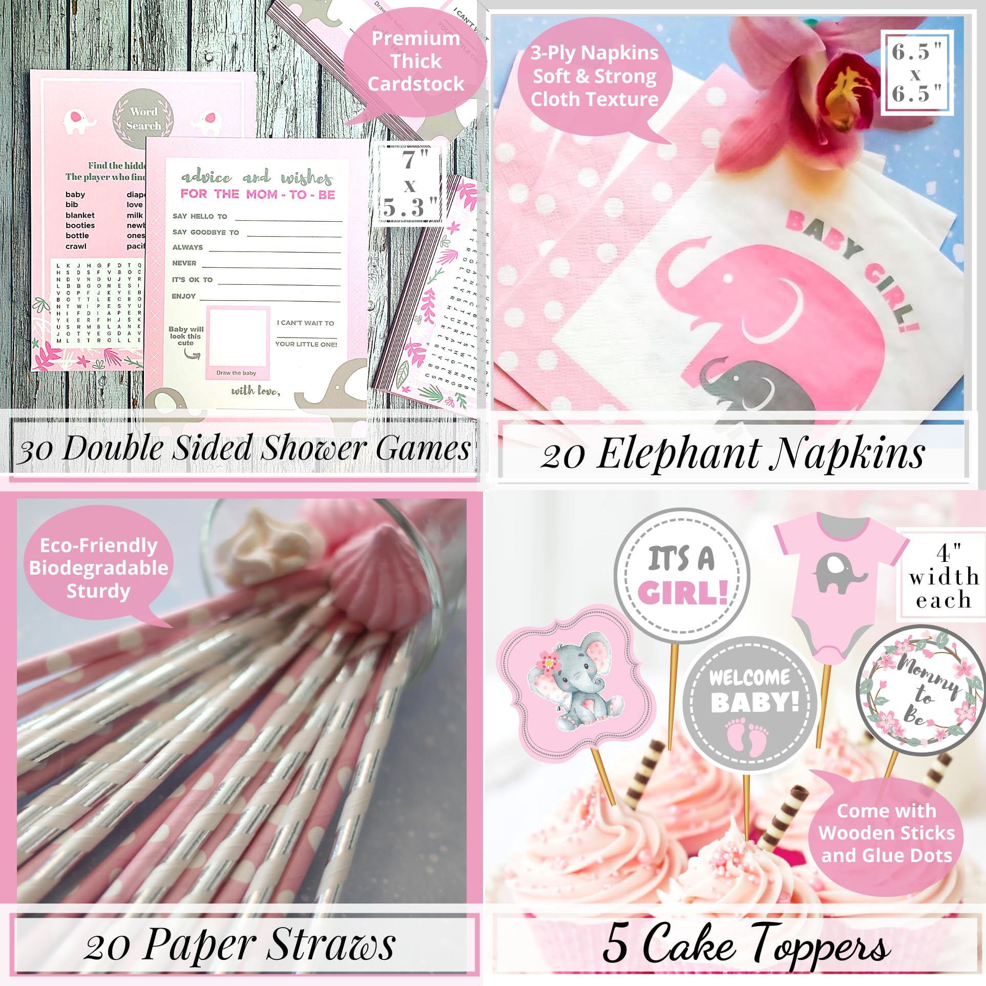 Decoraciones para baby shower de elefante para niña Jumbo Bundle | Es una niña | Rosa Gris Blanco