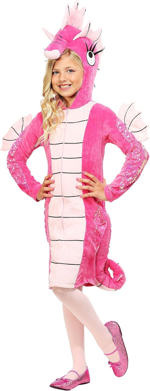 Seahorse Costume For Kids | Girls' Animal Dress With Front Zipper, Sequin Accents, And Stuffed Hood And Tail - Image 2