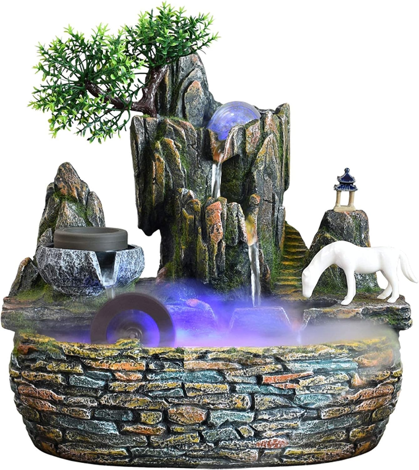 Ornamental Tabletop Water Fountain,Indoor Relaxation Fountain Waterfall,Meditation Lighted Water Feature Water Fountain with LED Crystal Ball