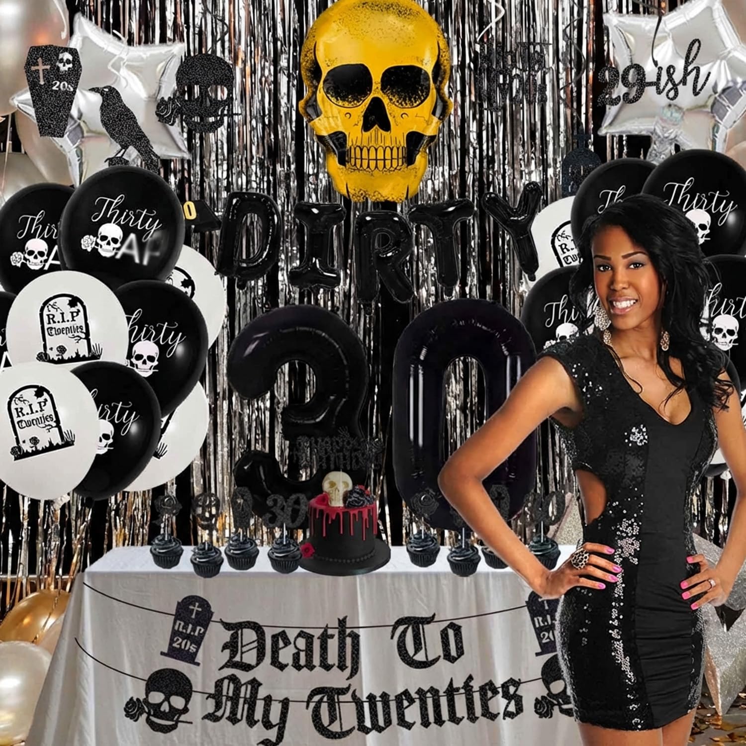 Rip 20s Decorazioni Per 30° Compleanno Donna - Kit Completo Con Striscione, Palloncini Neri, Topper Torta E Fascia 'Death To My Twenties'