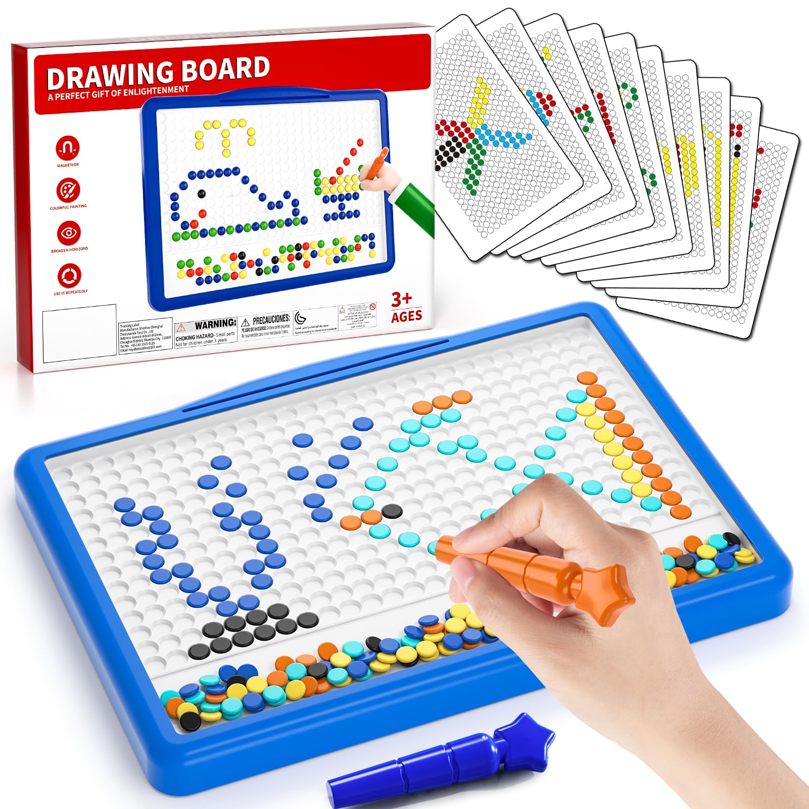 BLmukce Large Magnetic Drawing Board for Kids, Toddler Doodle Board with 200 Beads, 2 Pens & 20 Pattern Booklets, Montessori Dot Art Travel Toy, Educational Preschool Toys for 2 3 4 5 6 Years (Blue)