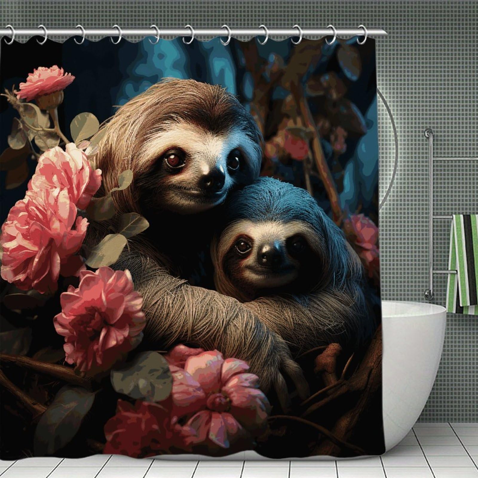 VstaDank A Sloth and A Baby Sloth Shower Curtain 71x71 Heavy Duty Polyester Cloth Bath Curtain with Hooks Thick Waterproof Shower Liner Fun Magic Decorative Bathroom Curtains for Bathtub