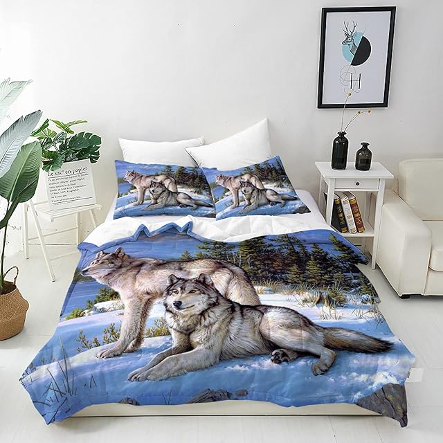 ANHOPE Wolf Duvet Cover Set Soft 3 Piece Bedding Set with Forest Animal Wolf Couple Print Pattern Comforter Cover Set with Pillowcase All Season Decor Quilt Cover with Zipper for Kids Adults Single