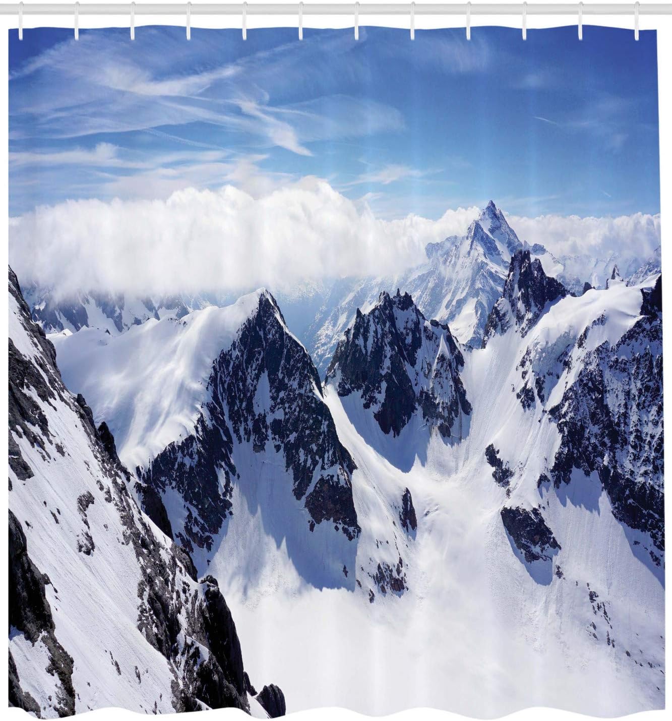 Ambesonne Winter Shower Curtain, Snowy Mountain Peaks Tops High Lands Northern Scenic Alps Panorama Valley Print, Cloth Fabric Bathroom Decor Set with Hooks, 69" W x 84" L, White Blue