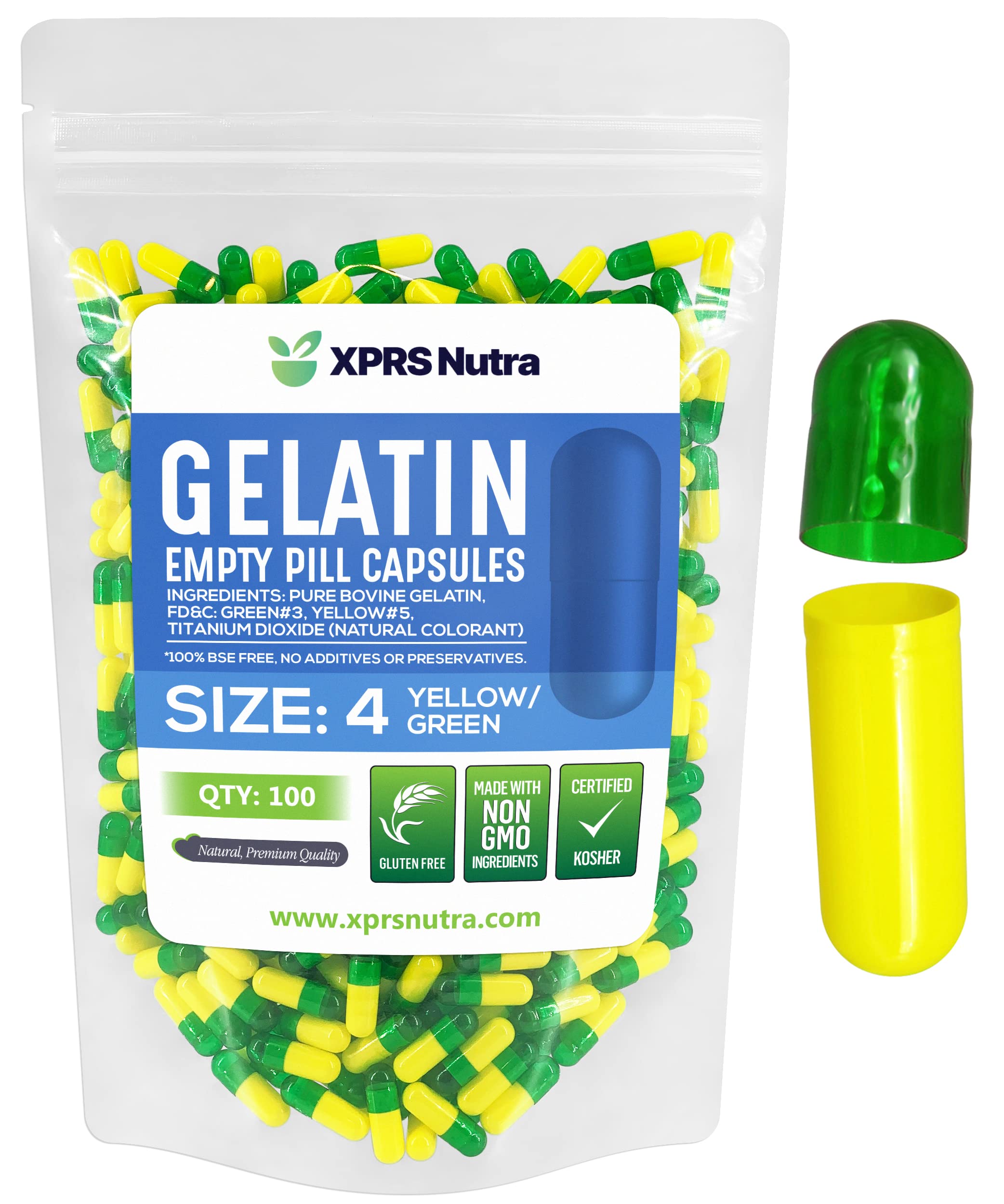XPRS Nutra Size 4 Empty Capsules - 100 Count Small Empty Gelatin Capsules - Pill Caps - DIY Capsule Filling - Bovine Pill Gel Caps (Green/Yellow)