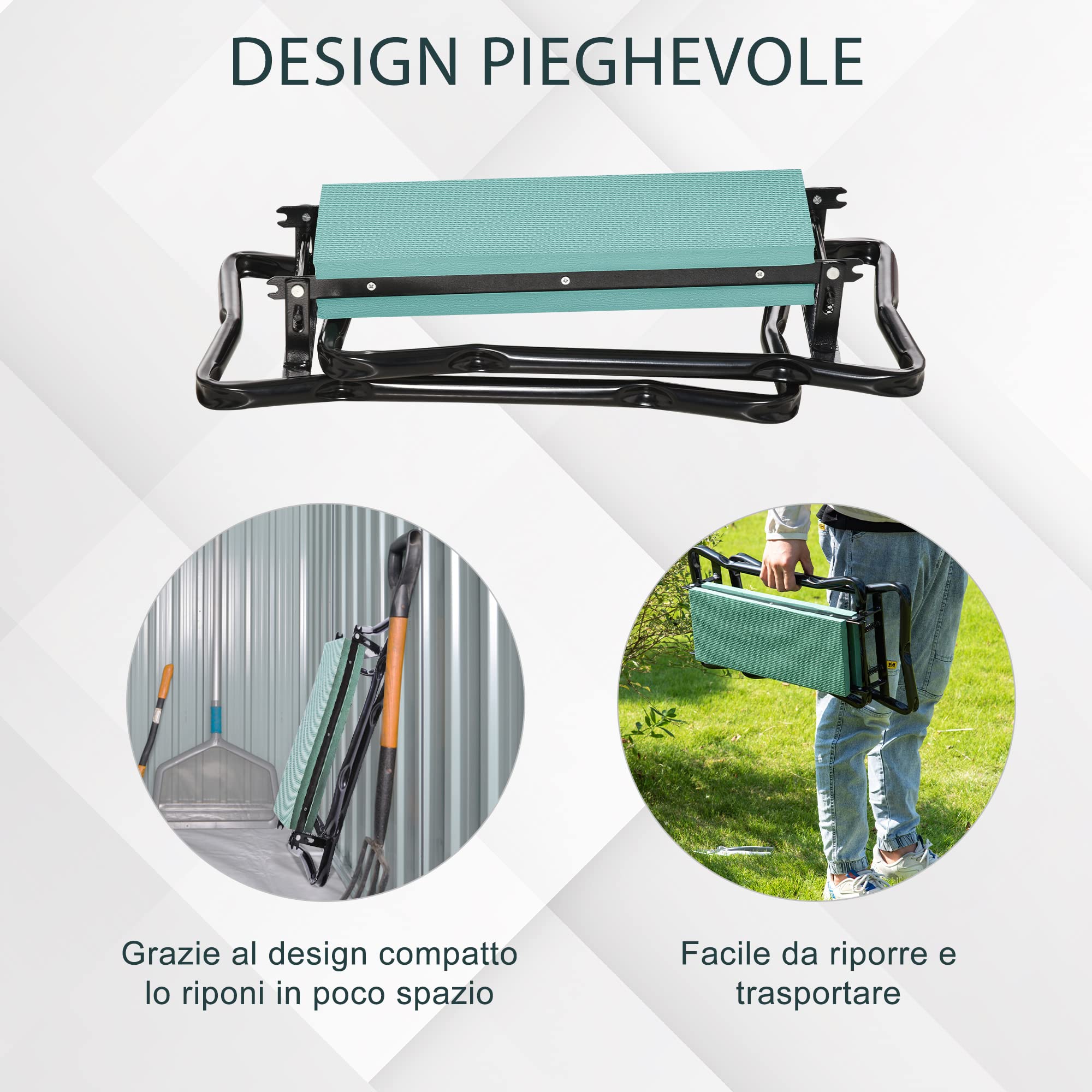 Outsunny Sedia Inginocchiatoio Pieghevole, 58x28x49 cm, Verde e Nero | con Cuscinetto Imbottito, Panca da Giardino, in EVA e Acciaio