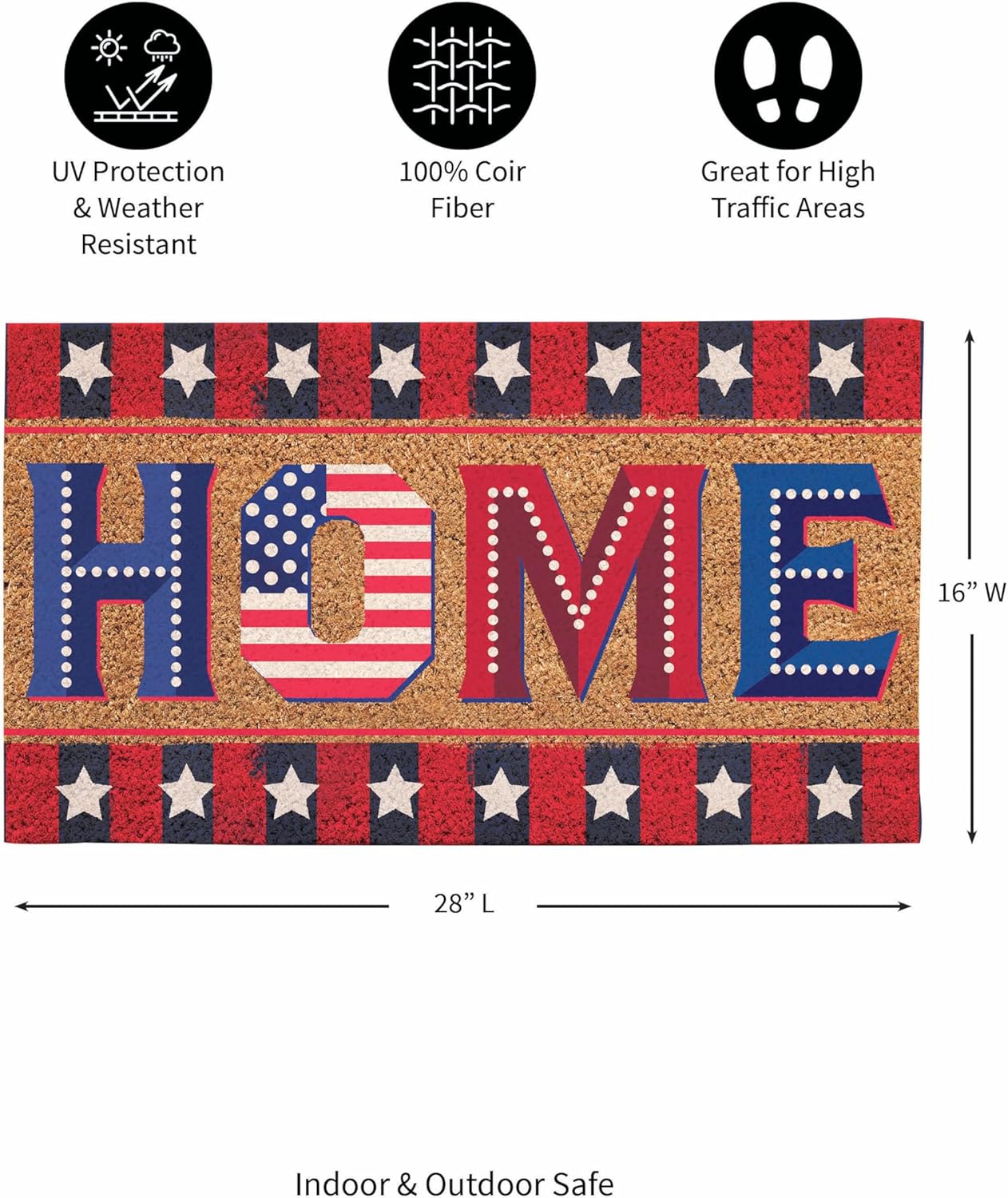 Evergreen Flag Patriotic Door Mat | 28" x 16" Coir Doormat | Welcome Mat for Front Door Outdoor Entrance | No Slip Door Rugs Entryway Indoor (Patriotic Home)